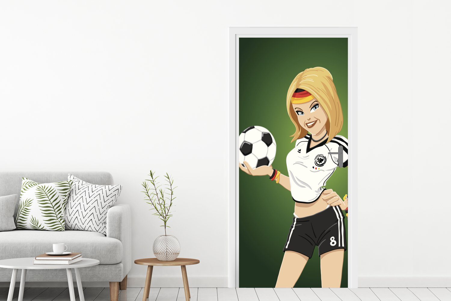 für bedruckt, Fußball eines mit Tür, Illustration einem Matt, Fototapete -, Mädchens Türtapete deutscher (1 cm St), Kleidung 75x205 und Türaufkleber, MuchoWow