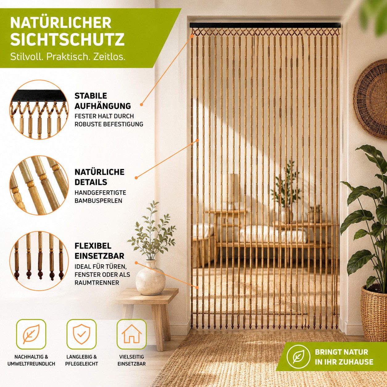 Kobolo Türvorhang Bambusvorhang BAMBOO -Braun Natur - 90x200 cm (1 St), Ösen, transparent – Bild 4 von 5