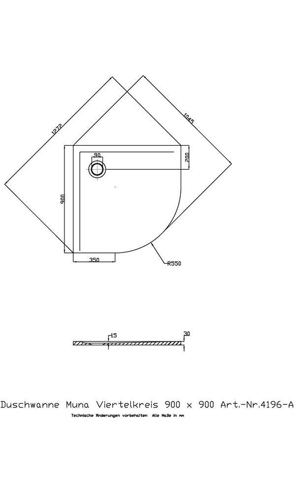 HOESCH Badewanne Viertelkreis-Duschwanne MUNA 900x900x30mm weiß 900 x 900 x 30 mm weiß