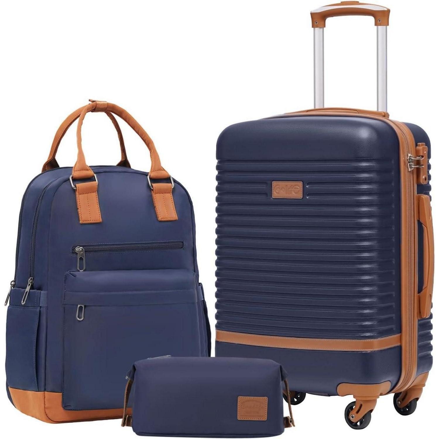 Trolleyset Hartschalen-Trolley Handgepäck-Set Blau/Braun 3tlg TSA-Schloss