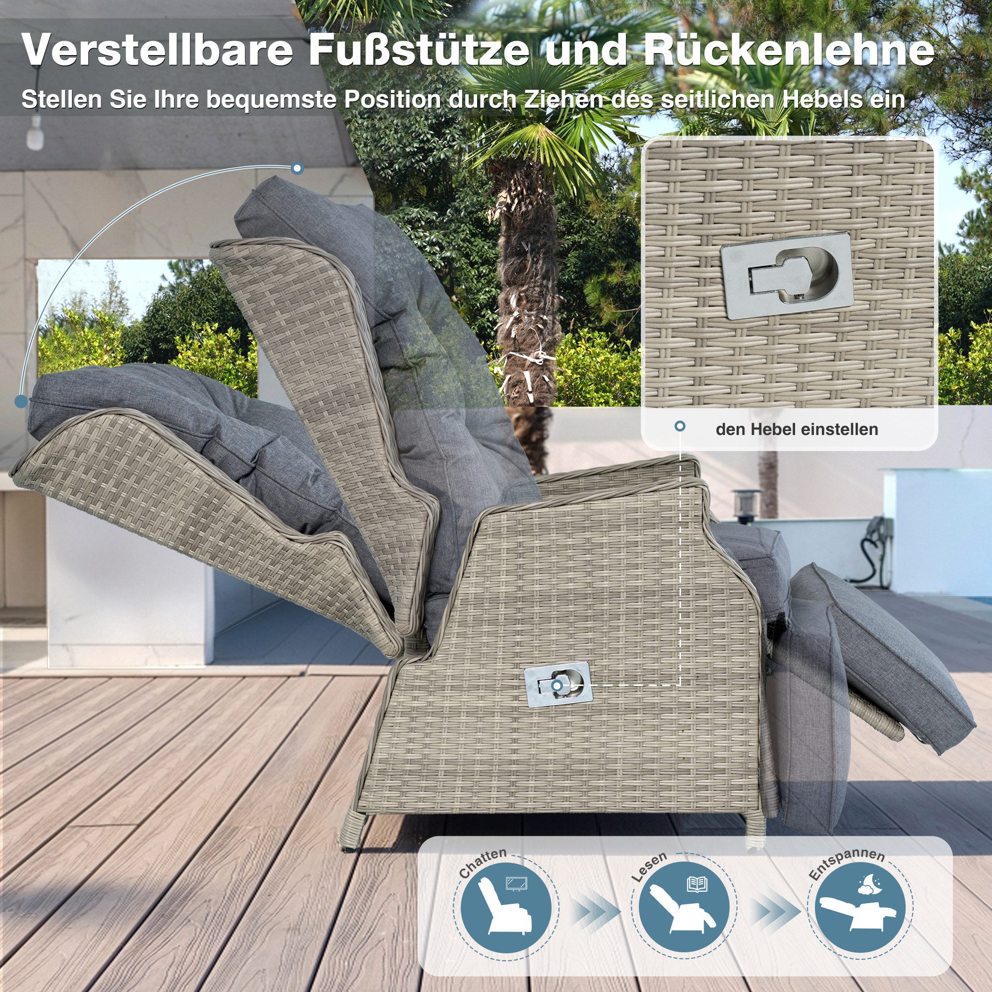 HOMECALL Rattanstuhl Gartensessel Indoor Verstellbar Liegestuhl Gartenliege balkonliege (Wetterfester Rahmen, klappbarem Beistelltisch und Fußstütze, 1 St), COMLAX FIELD