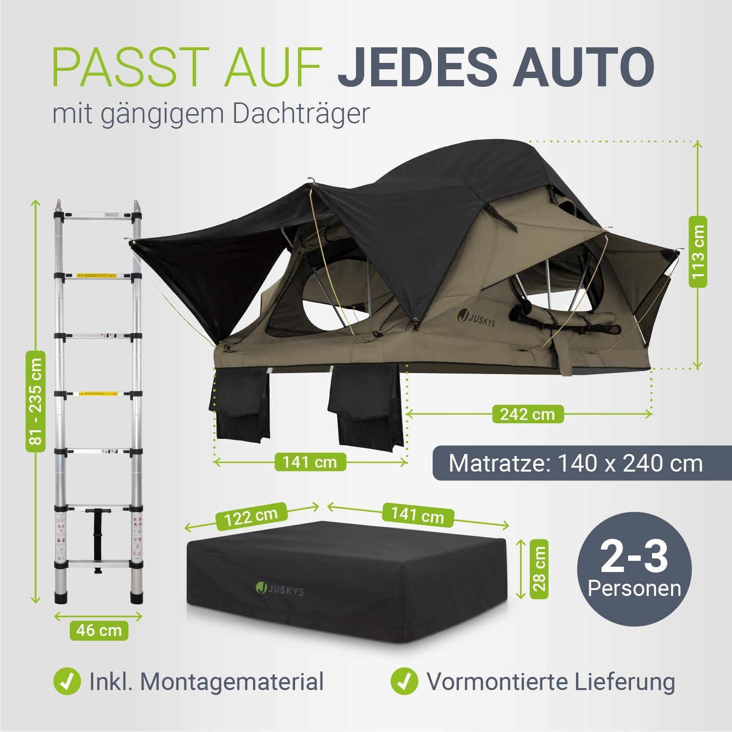 Juskys Dachzelt Lago, Wasserdicht, Teleskopleiter, 2 Personen Zelt, LED Beleuchtung