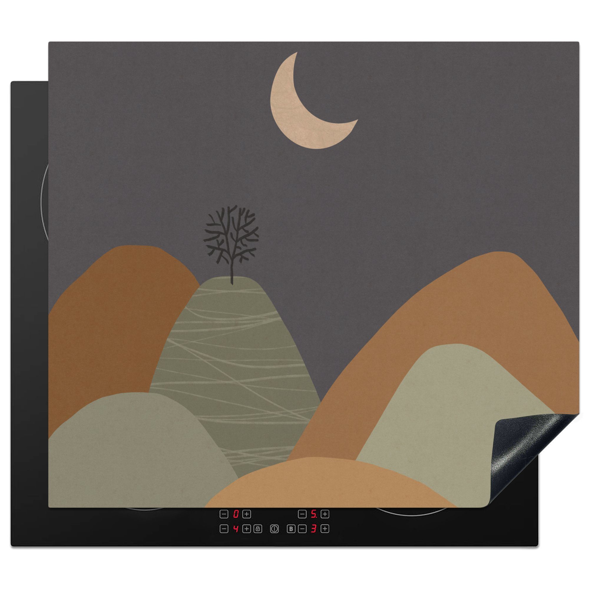 MuchoWow Herdblende-/Abdeckplatte Berg - Baum - Mond - Pastell, Vinyl, (1 tlg), 60x52 cm, Mobile Arbeitsfläche nutzbar, Ceranfeldabdeckung