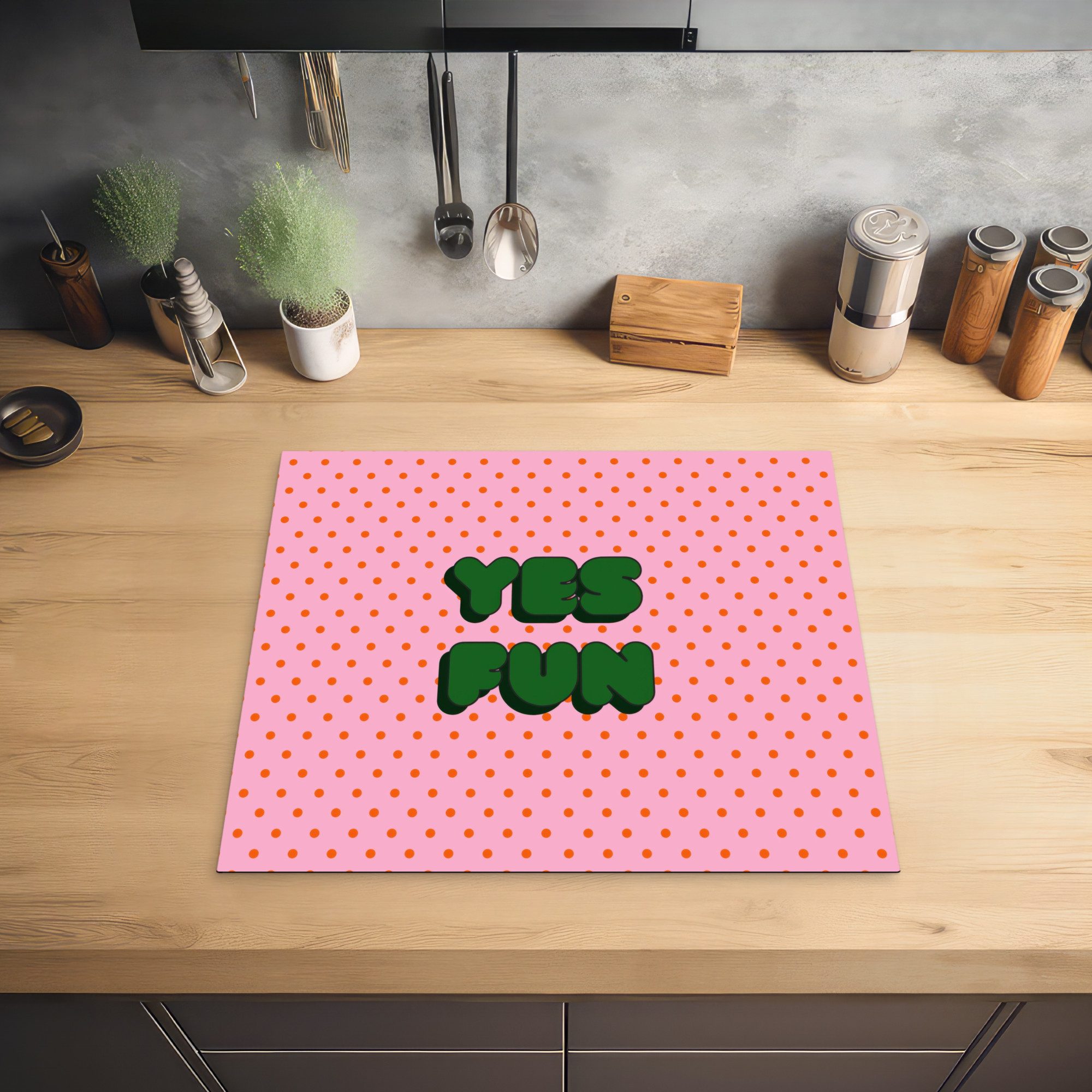 MuchoWow Herd-Abdeckplatte Ja Spaß - Grün - Rosa - Punkte, Vinyl, (1 tlg), Cerankochfeld Abdeckung, Herd Abdeckplatten Vinyl, 58.3x51.3 cm