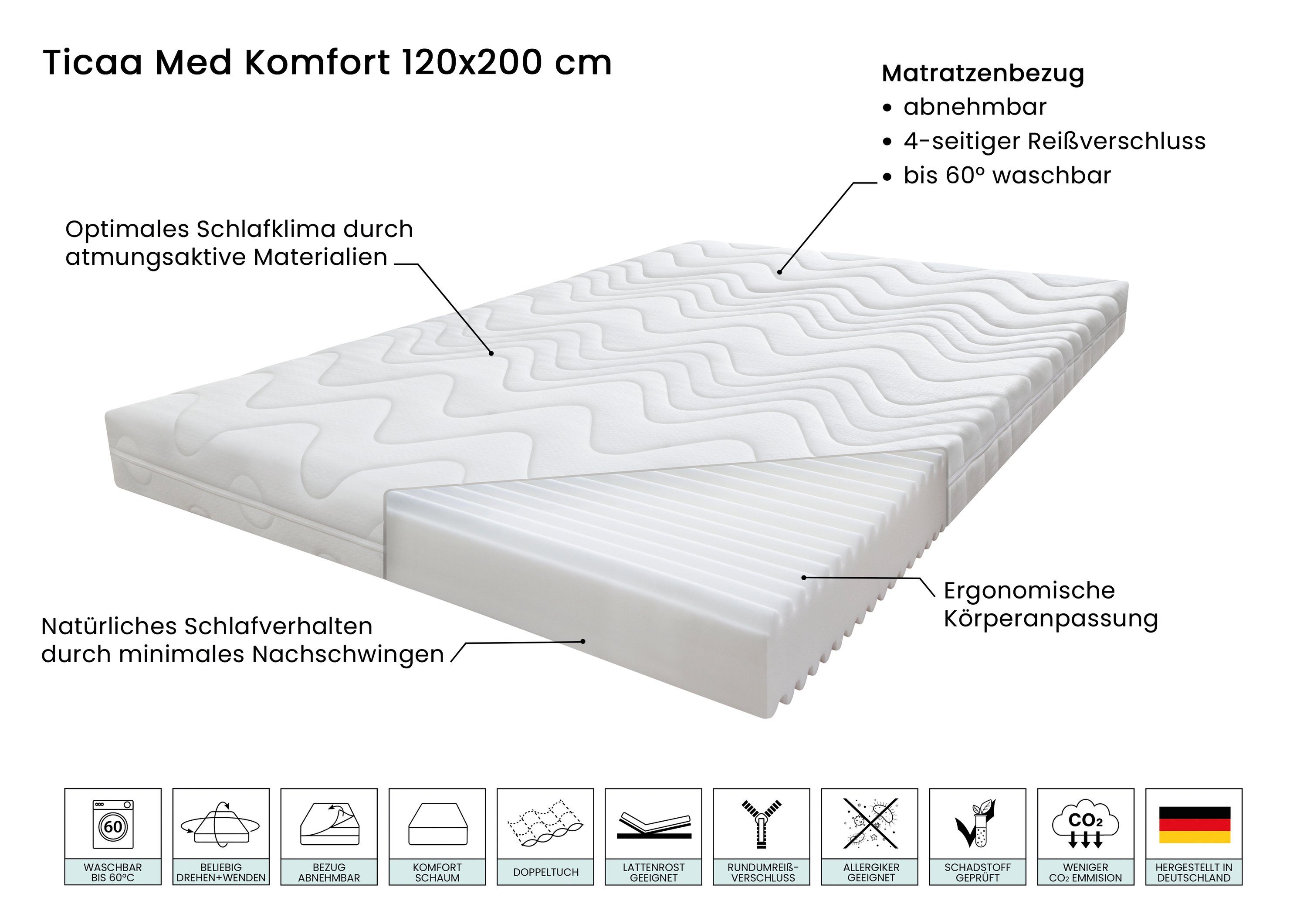 Komfortschaummatratze Matratze Ticaa Med 120x200 cm Komfort, Ticaa, 14 cm hoch
