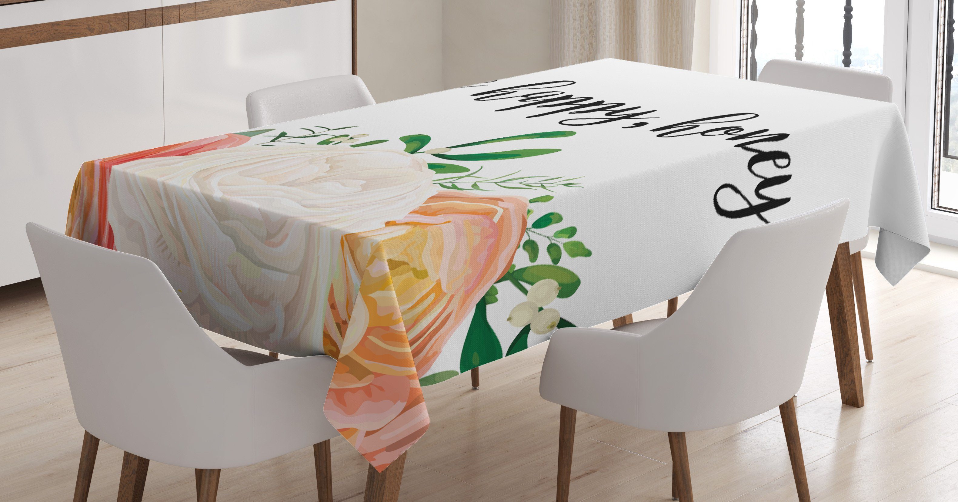 Abakuhaus Tischdecke Farbfest Waschbar Für den Außen Bereich geeignet Klare Farben, Blumen Be Happy Honig-Zeichen und Rose