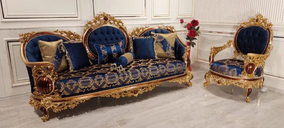 Casa Padrino / Muster - Sofa Luxus Sofa Barock / Braun mit elegantem Möbel - Blau Wohnzimmer Barock Prunkvolles Sofa Gold Wohnzimmer