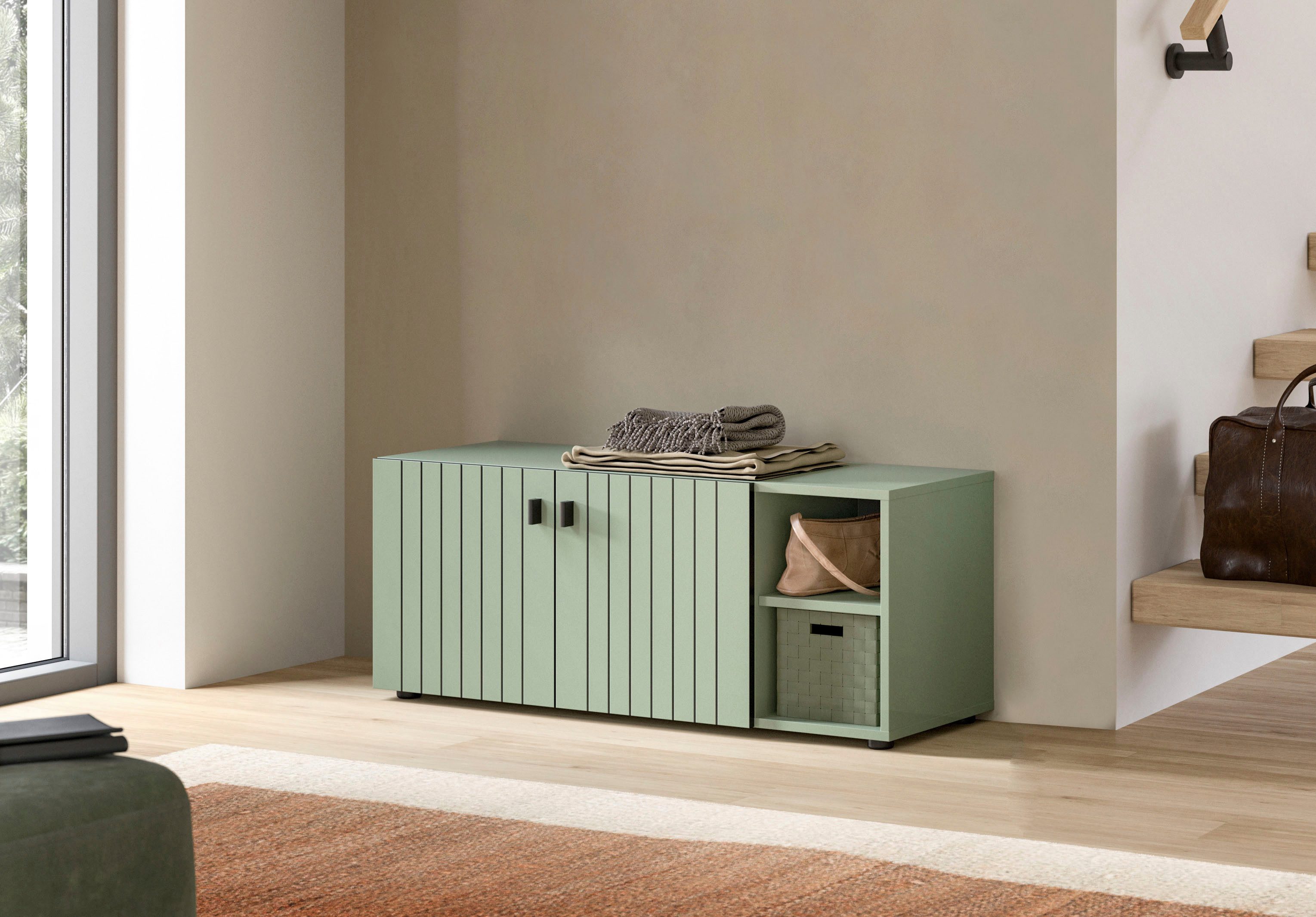 Home affaire Sitzbank TATIO, 106x43x37 cm, 2 Türen, 2 offene Fächer (Sitzbank und Sitzkissen), Garderobensitzbank, Sitzbank Flur mit Stauraum, Sitzkissen wählbar