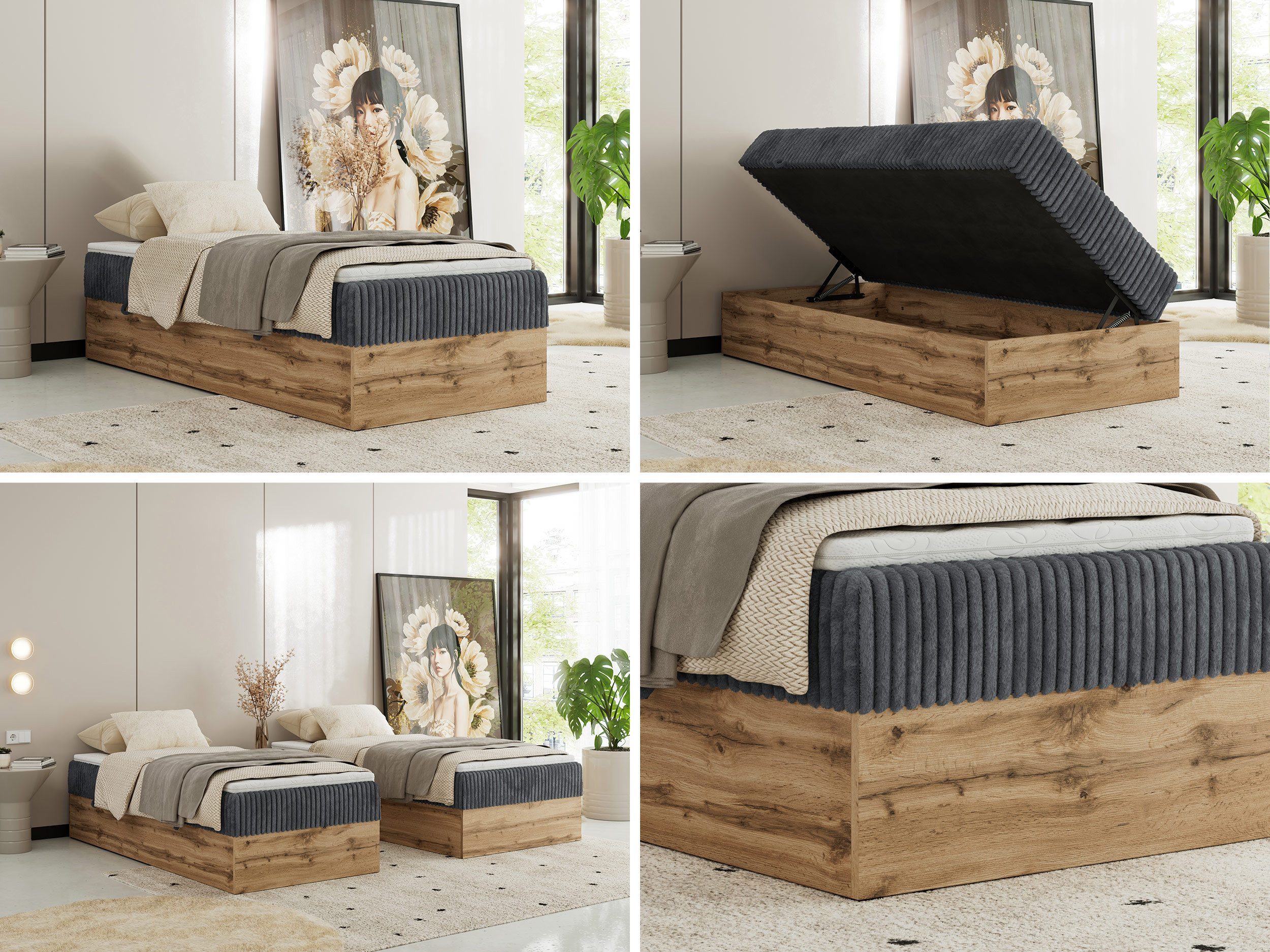 MKS MÖBEL Boxspringbett WOOD ZERO 90 (Set, Bett, Hotelbett, ohne Kopfteil, Topper T25 oder Visco), Polsterbett, Bettkasten, Öffnung, Härtegrad H3/H4