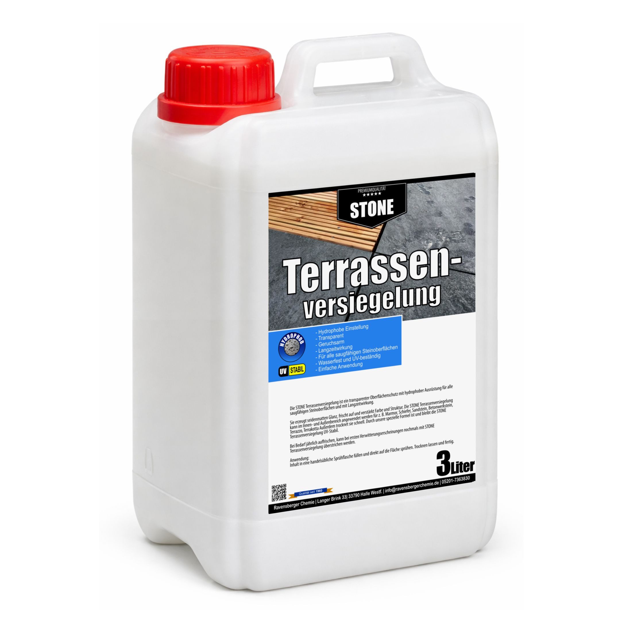 STONE Terrassenversiegelung 3 Liter - transparente Naturstein-Imprägnierung, Versiegelung für Stein, Holz & Pflaster – wasserabweisender Schutz