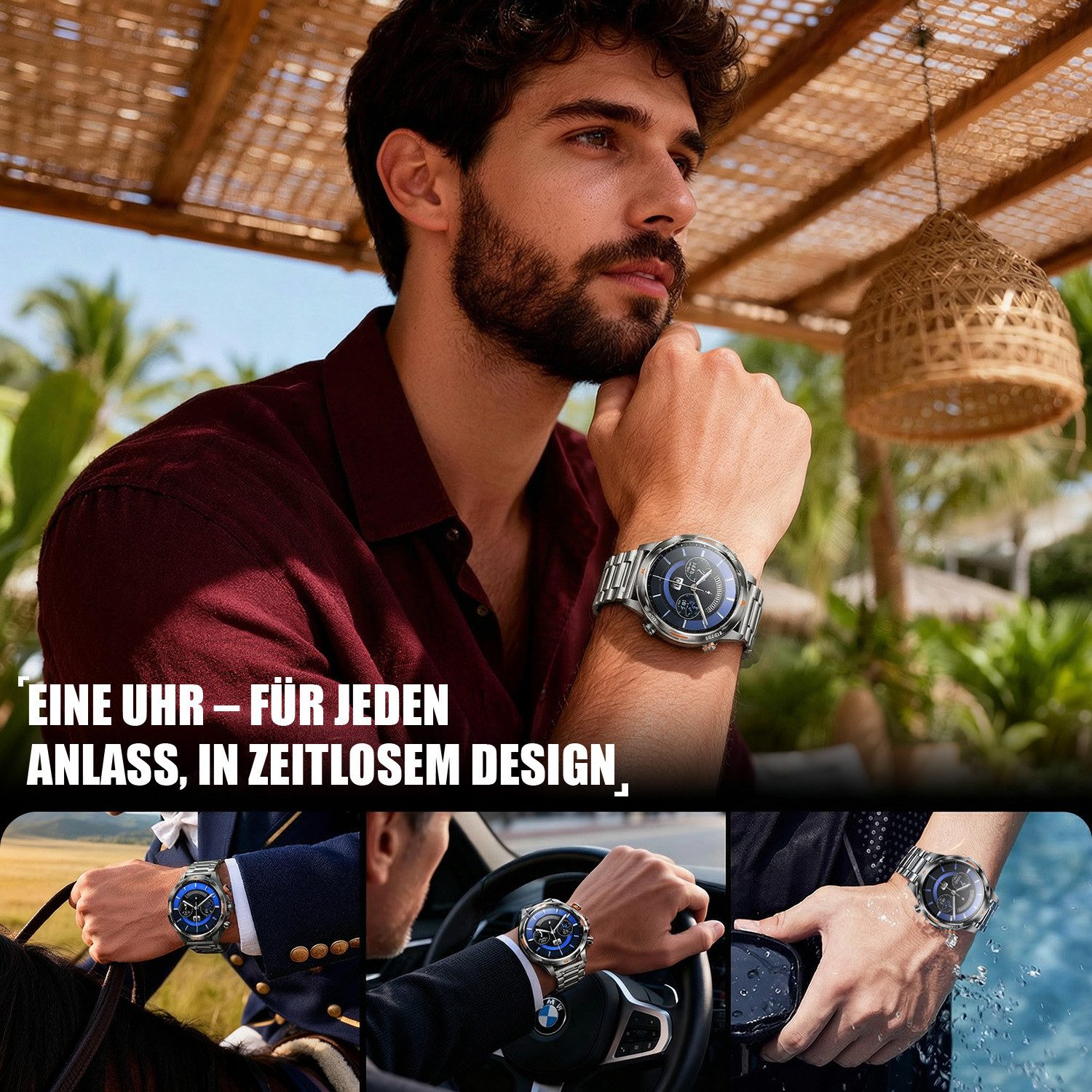 ANYSUN Smartwatch Herren,Sportuhr mit LED Taschenlampe & Kompass, Smartwatch (1,7 Zoll) IP68 Wasserdicht,100+ Sportmodi,mit Bluetooth,Fitness Tracker, Puls-SpO2-Schlaf-Monitor,Schrittzähler,2 Armbändern,für Android iOS