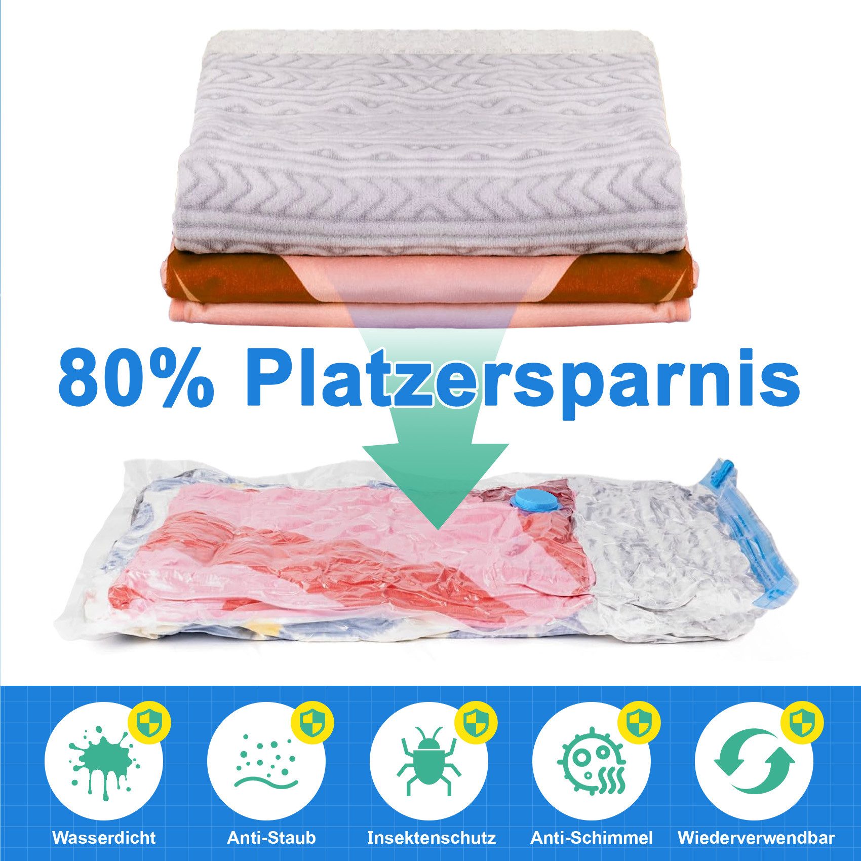 ElitVita Kleiderschutzhülle Vakuumierbeutel für Kleidung mit Pumpe,Wiederverwendbar,4 Größen (set, 12 St., 12 St. Vakuum Aufbewahrungsbeutel) Mit Verschlussklammern für langfristige Aufbewahrung,Reise,Umzug