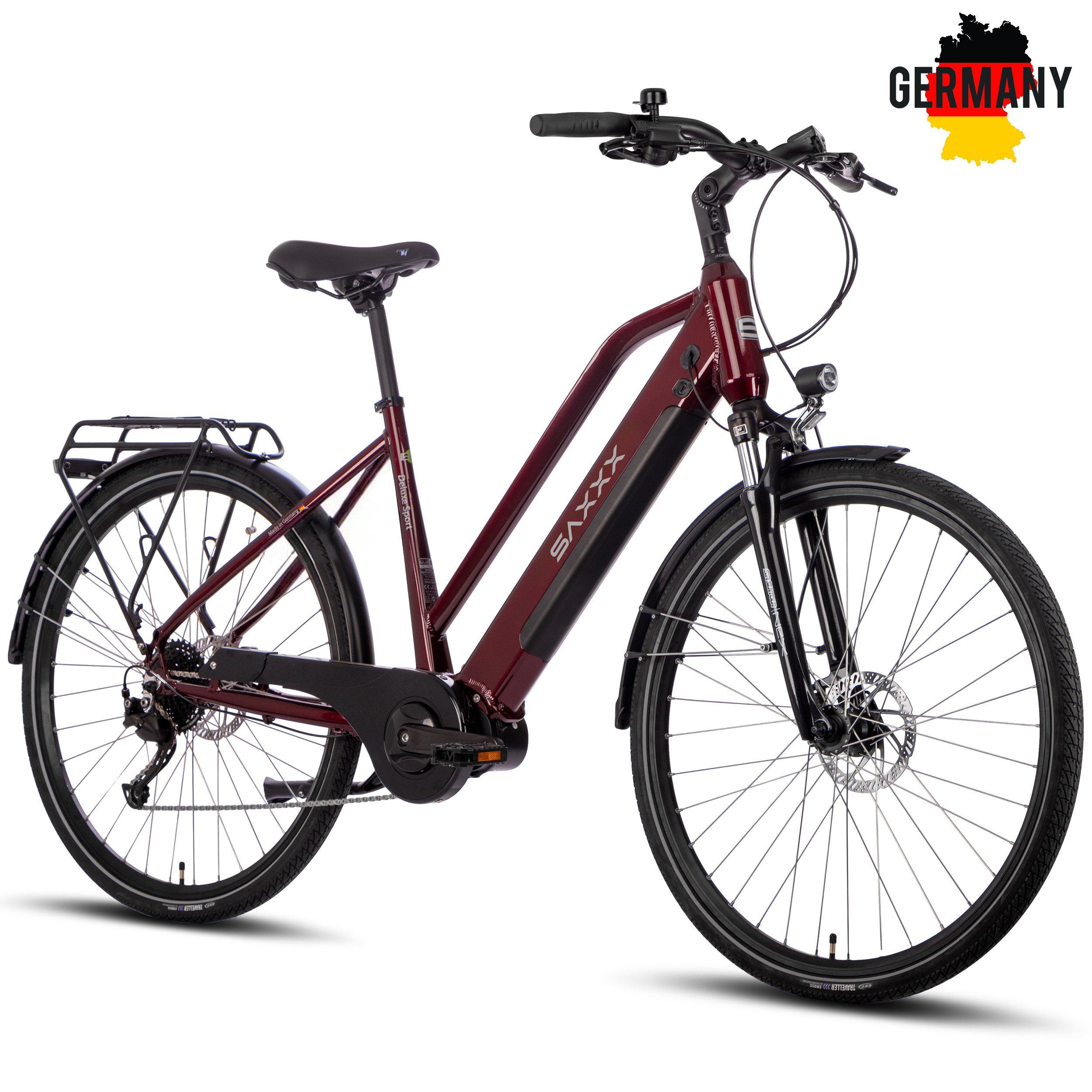 SAXXX E-Bike Cityrad 28 Zoll, 70 Nm Mittelmotor, DST, max. 100km, 95 % vormontiert, 9 Gang SHIMANO Alivio Schaltwerk, Kettenschaltung, Mittelmotor, 418 Wh, (Pedelec mit Tiefeinsteiger, bis zu 130kg, Trapez-Rahmen), Hydr. Scheibenbremse, RH: 45/50cm, Elektrofahrrad für Damen und Herren