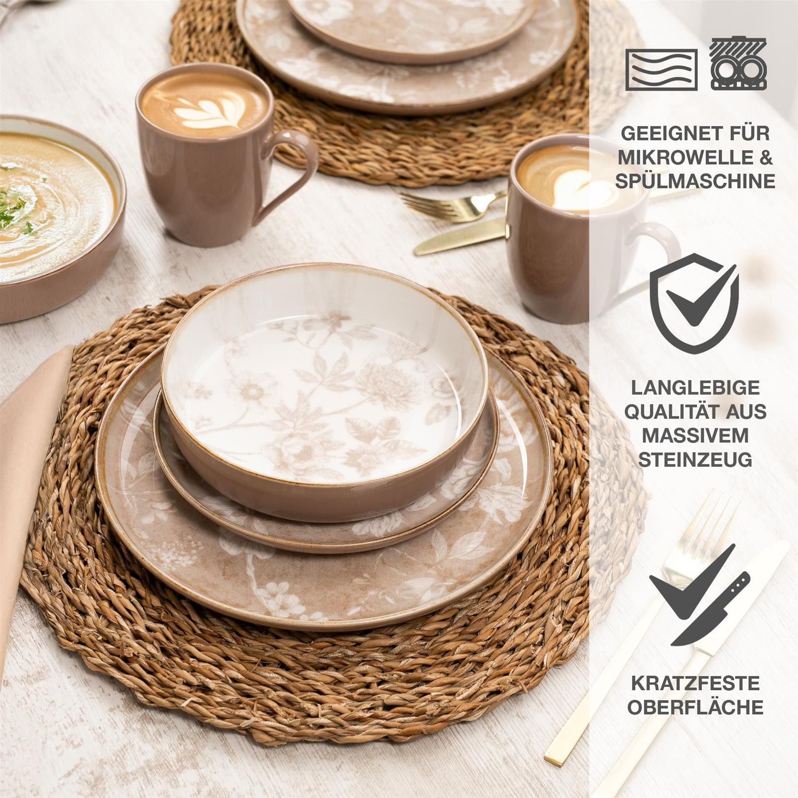 Moritz & Moritz Tafelservice MARIELLA Geschirrset Beige für 6 Personen (24-tlg), 6 Personen, Steinzeug, Geeignet für Spülmaschine & Mikrowelle