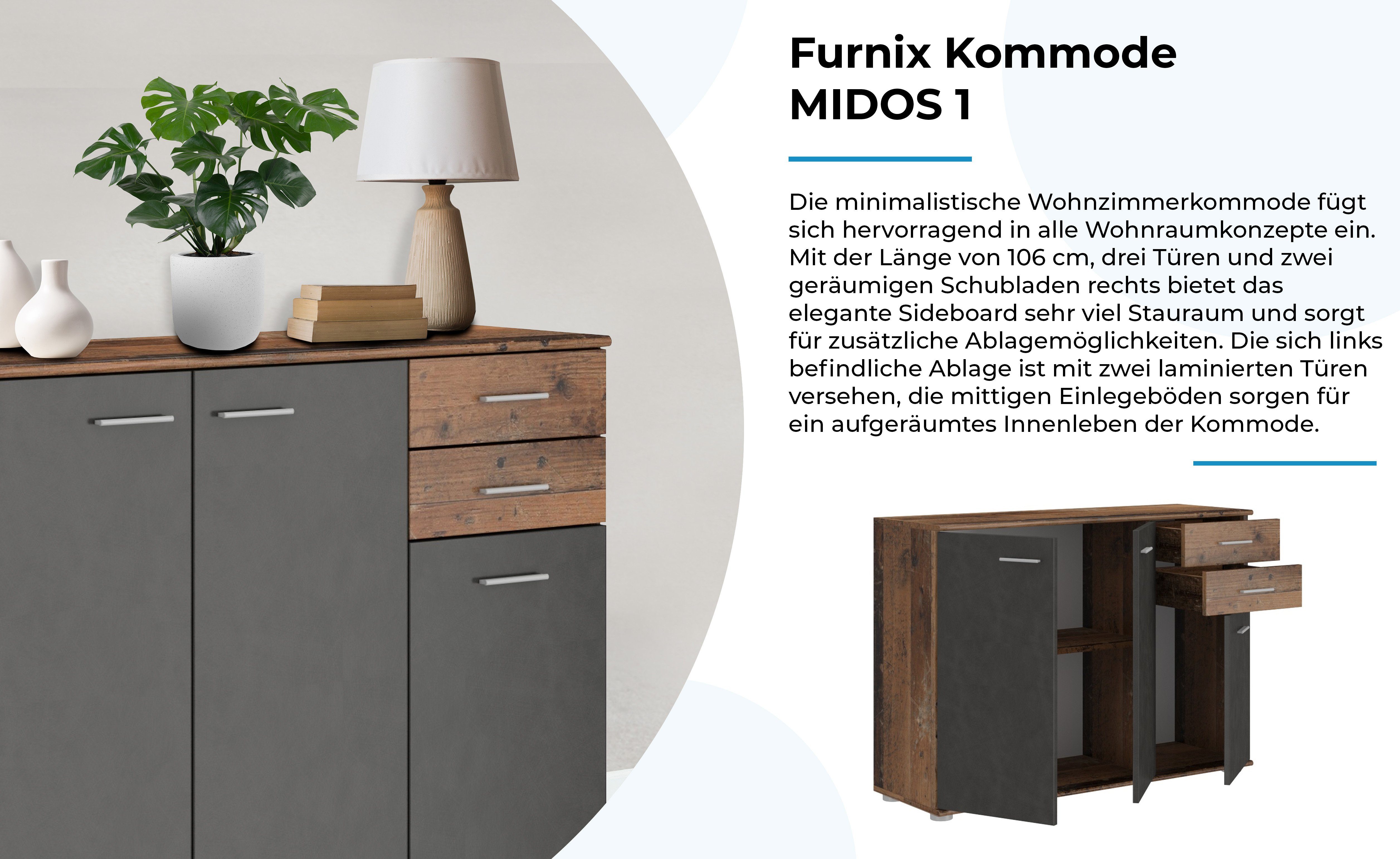 Furnix Kommode Sideboard mit 2 Midos, old Türen x x T35 style/matera 3 Schubladen cm H75 und B106