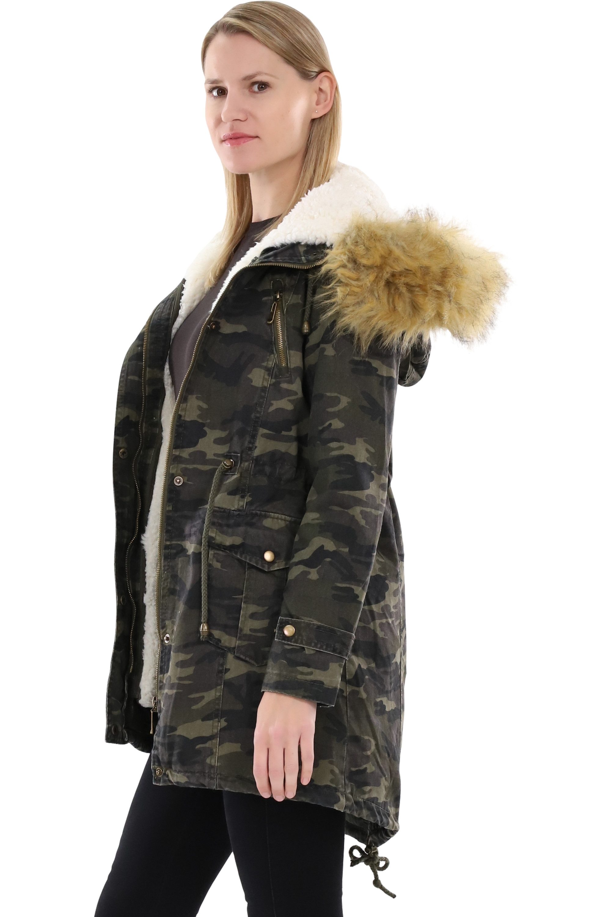 malito more than fashion Parka malito Damen Parka mit Kapuze, Winterjacke mit Kunstfell, gefütterte Winterjacke in Camouflage Military-Look mit Teddyfell