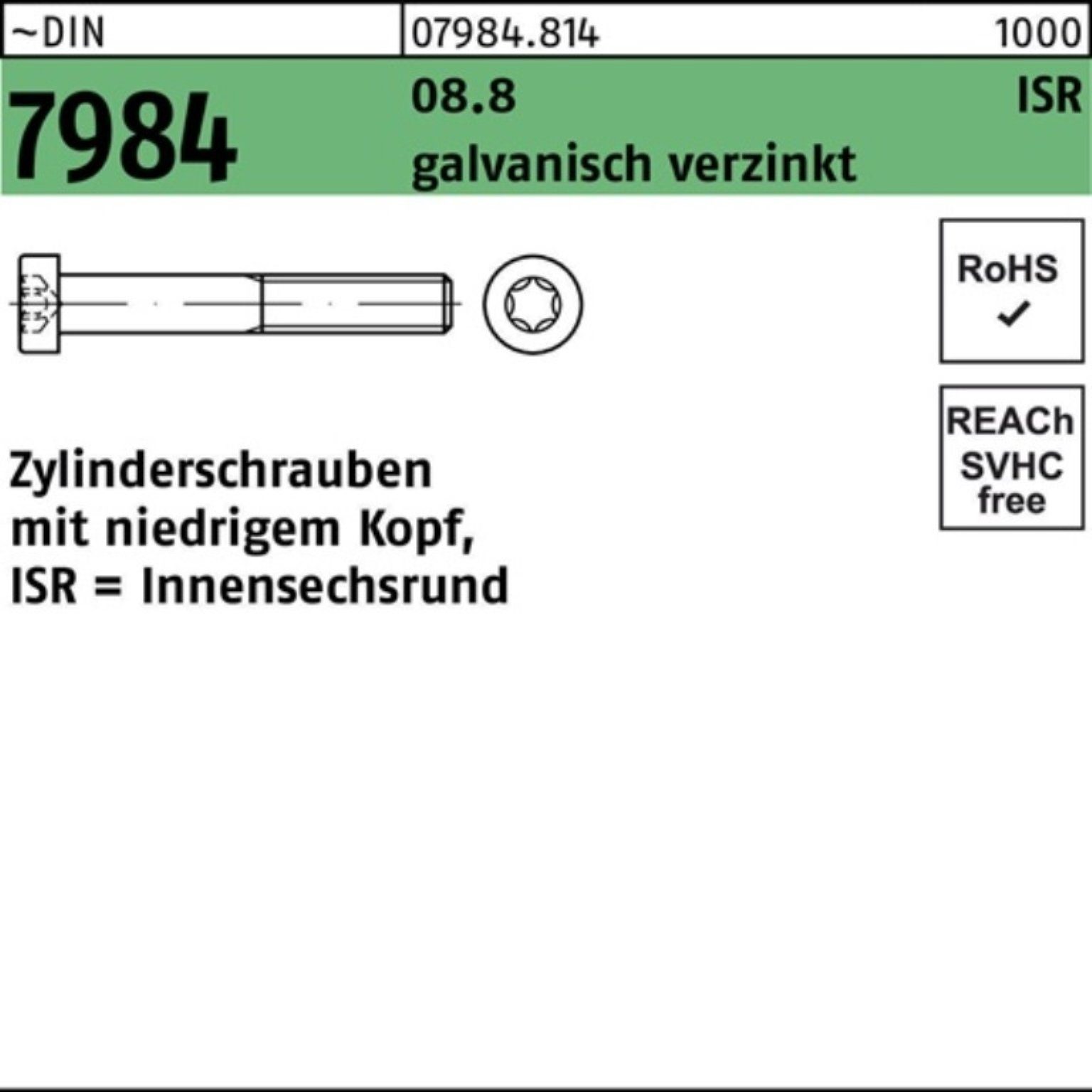 Reyher Zylinderschraube 500er Pack Zylinderschraube DIN 7984 ISR M3x8-T10 8.8 galv.verz. 500St