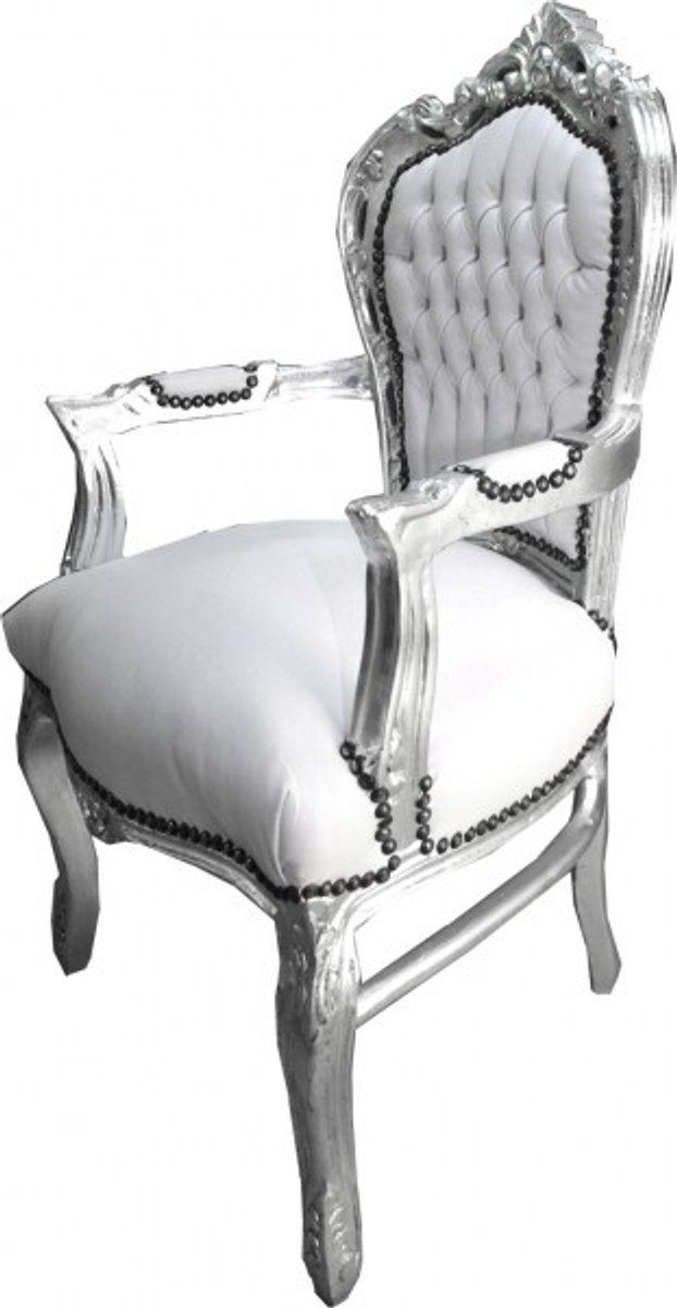 Padrino Esszimmerstuhl Antik Stil mit Casa Esszimmer Möbel / Weiß Barock Armlehnen Lederoptik Stuhl - Silber