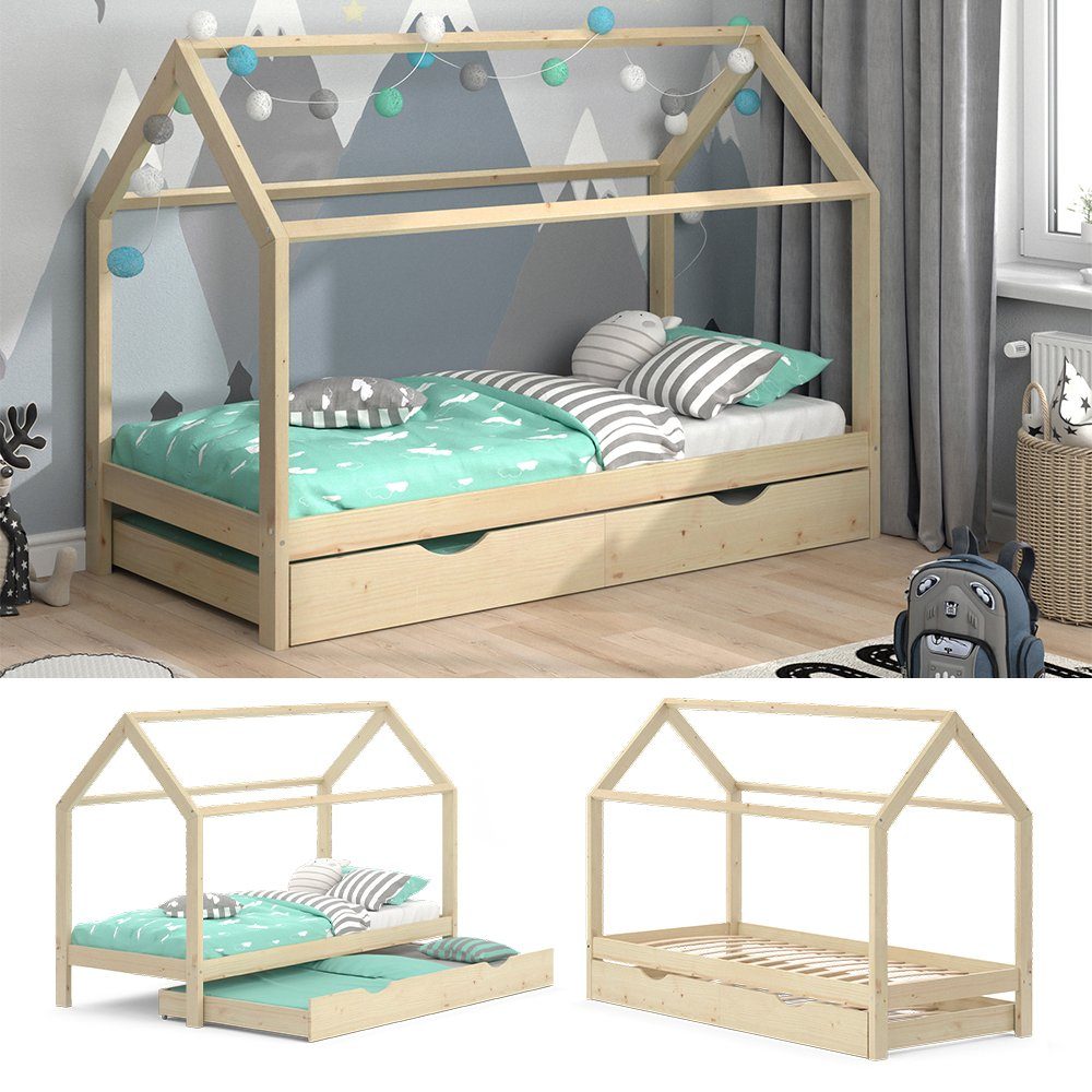 VitaliSpa® Hausbett Wiki, Naturholz, 90x200 cm mit Gästebett (1-tlg)