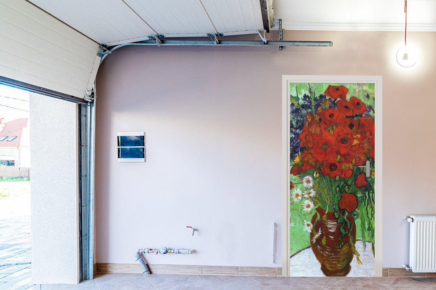 MuchoWow Türtapete Tür, bedruckt, St), Gogh, (1 - mit und cm Mohnblumen Türaufkleber, van Gänseblümchen Fototapete Matt, Vase roten für Vincent 75x205