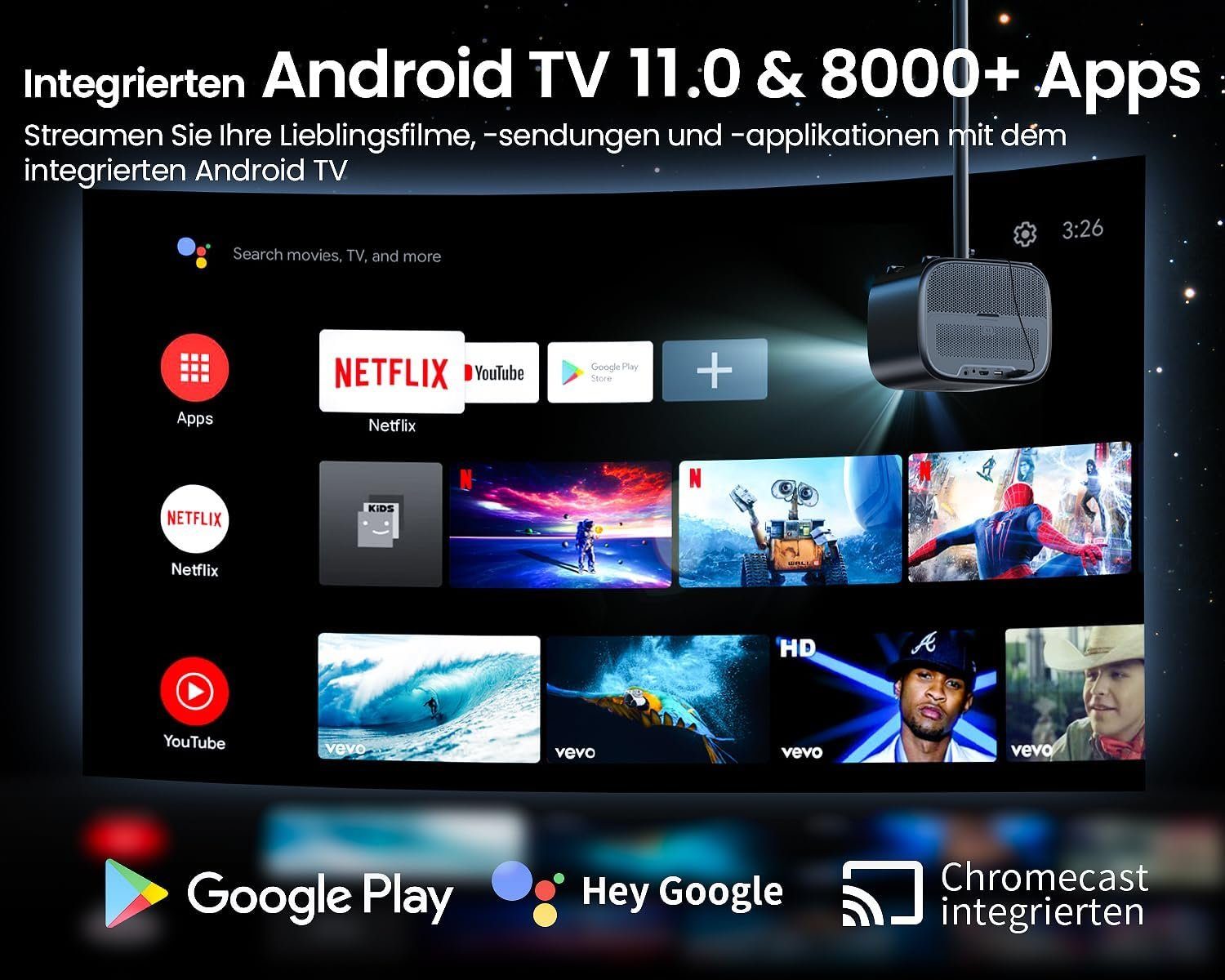 (15000 Android mit Netflix Autofokus TV 11.0 Zwei Videoprojektor ETOE und Beamer Smart, x mit Tragetasche) 10-W-Lautsprecher Trapezkorrektur, 1920 1080 lm, px,