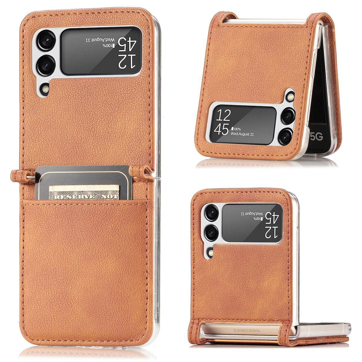 Wigento Handyhülle Für Samsung Galaxy Z Flip4 Faltbare Handytasche mit Kartenfach und Litschi-Textur Schutz Cover Handy Tasche Muster / Motiv Braun Hülle Etuis Muster