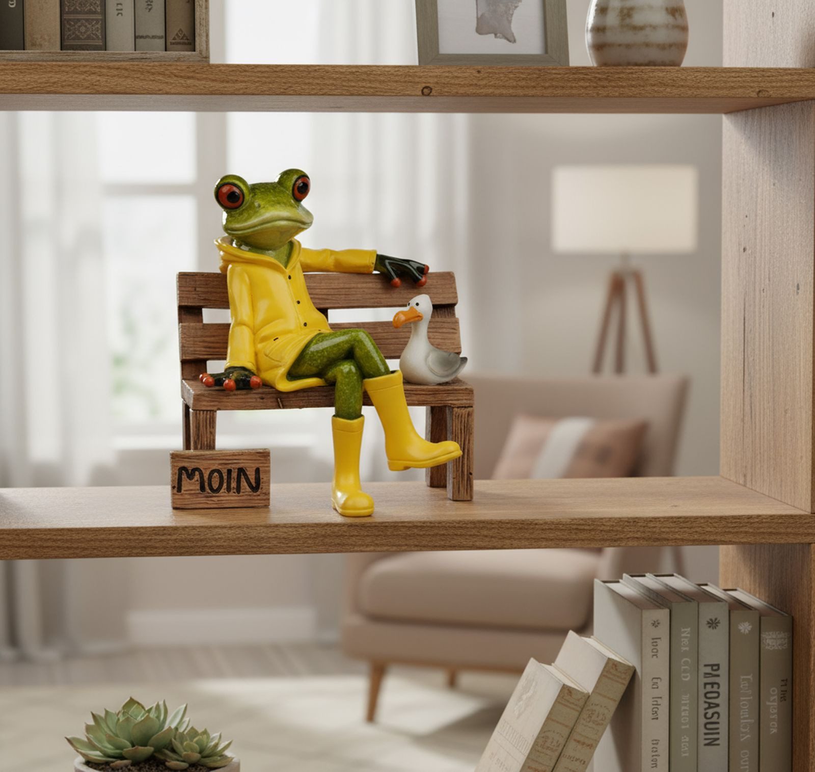 formano Sammelfigur Frosch auf Bank 13cm maritime Deko mit Moin-Gruß Möwe und Regenjacke