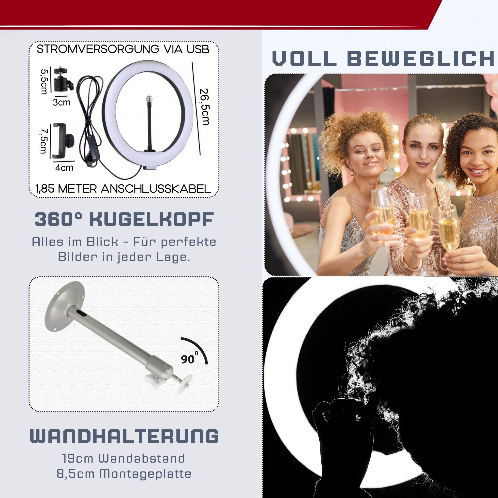 TronicXL Ringlicht 120 LED Ringlicht mit Handy Halterung Wandhalterung Wandmontage, für Smartphone, iPhone, voll beweglich, drehbar, neigbar