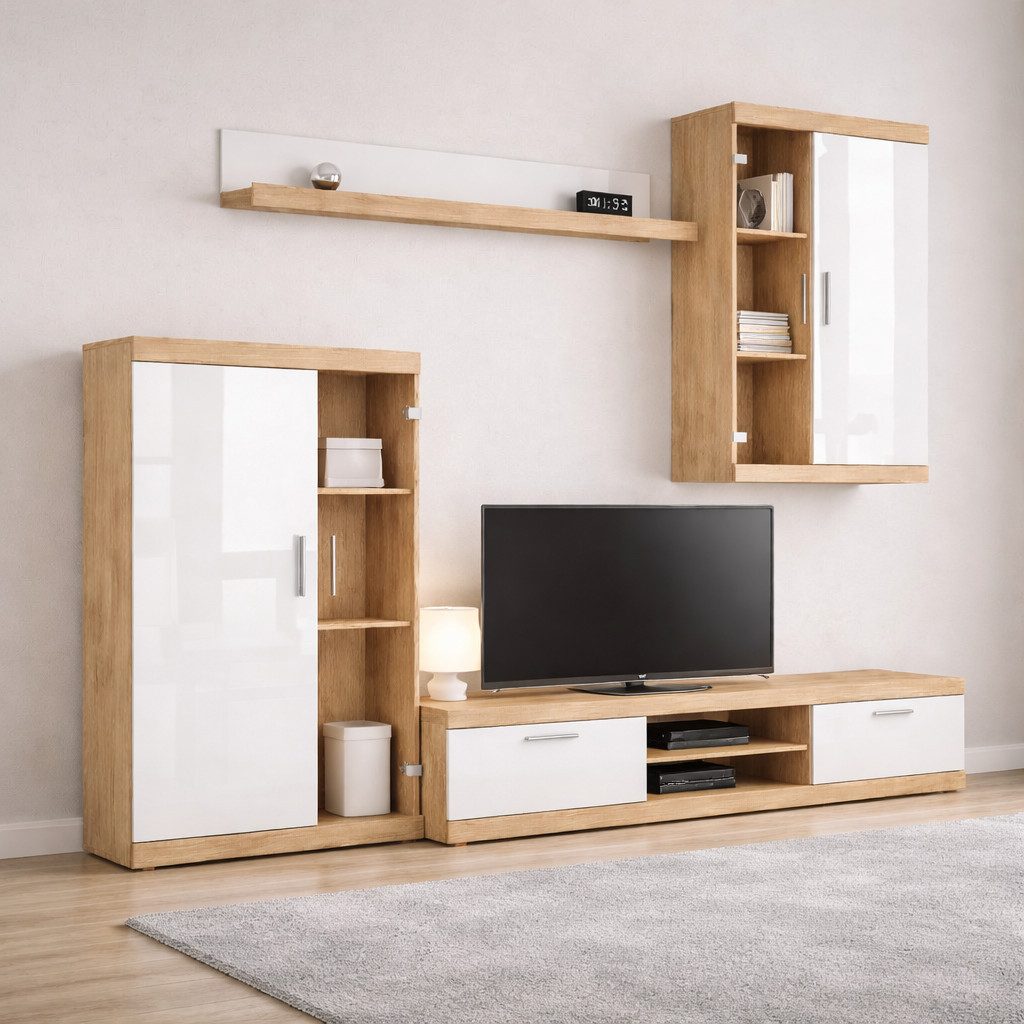 OTTO home Wohnwand Cleo 2, Anbauwand, Wohnkombination, Wohnzimmer-Set, (4-St), UV-Lackiert Fronten in Hochglanz, Gesamtbreite ca 260 cm