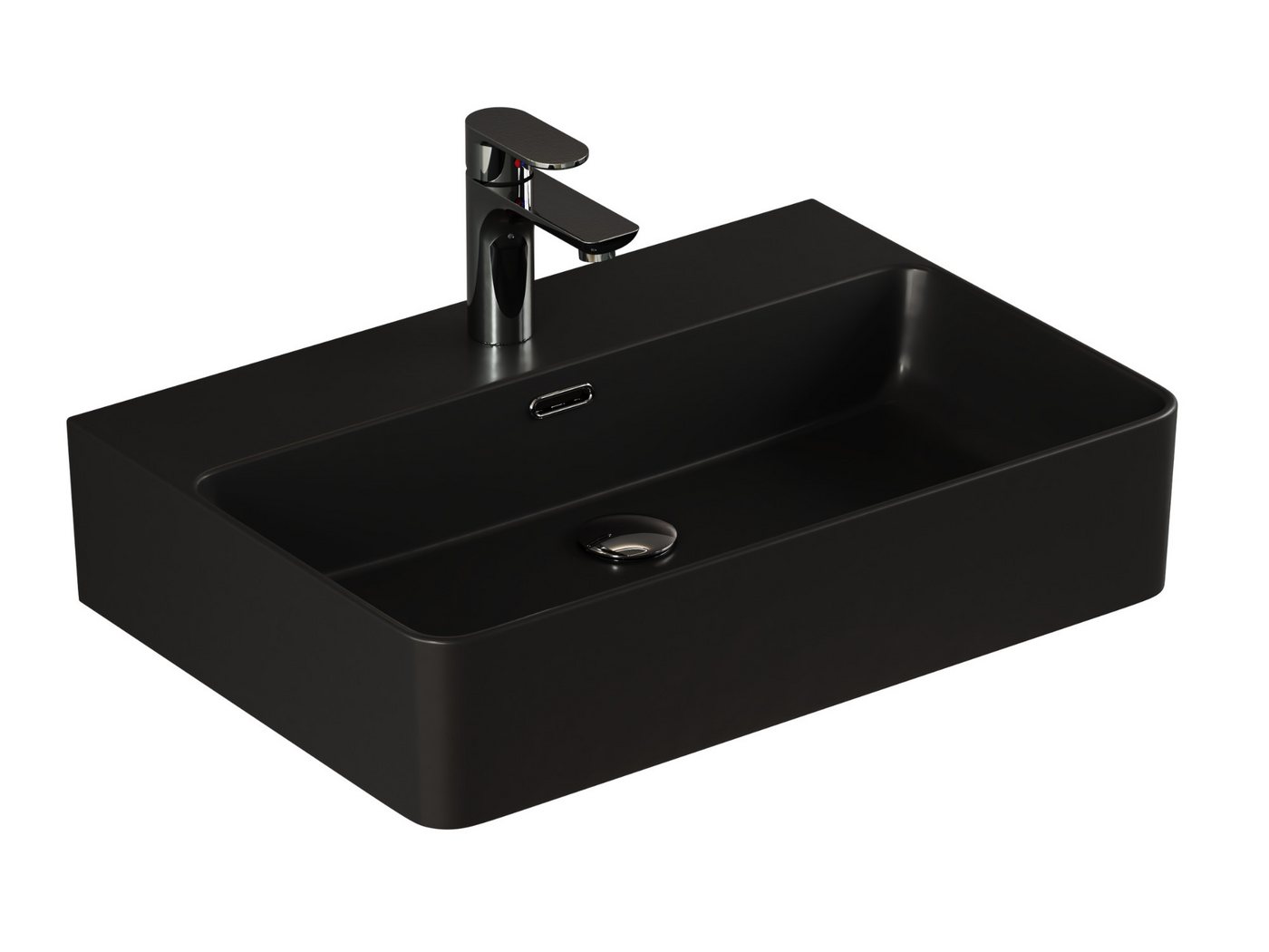 Aqua Bagno Waschbecken Waschbecken schwarz matt 61cm eckig Wandmontage Aufsatzwaschbecken (Keramikwaschbecken matt Schwarz, pflegeleicht & hygienische Oberfläche, 1-St., Handwaschbecken, Waschtischbecken mit Hahnlochbohrung und Überlauf), Auftischwaschbecken