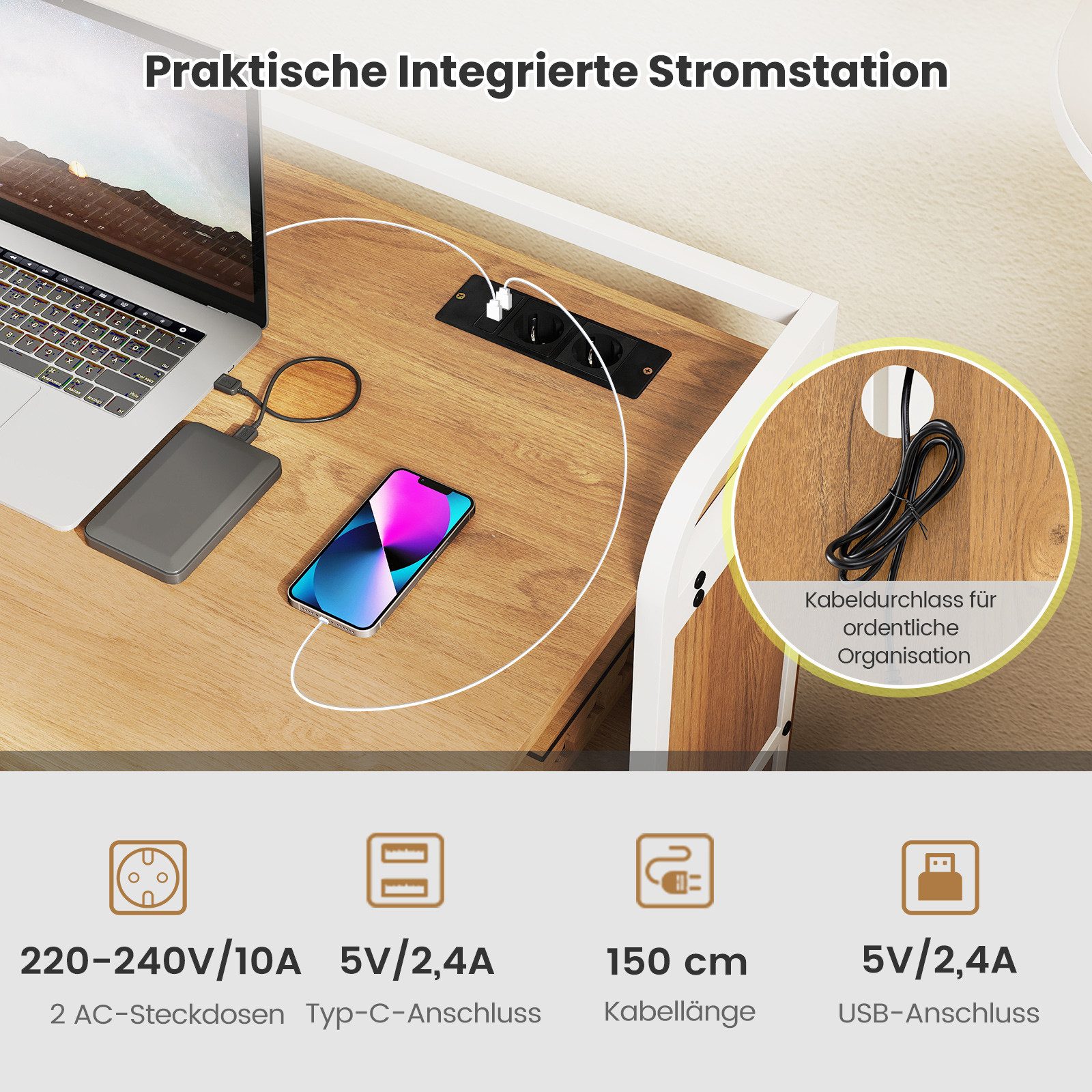 COSTWAY Schreibtisch (mit Hocker), mit Steckdose, Klapptisch Beistelltisch Metall