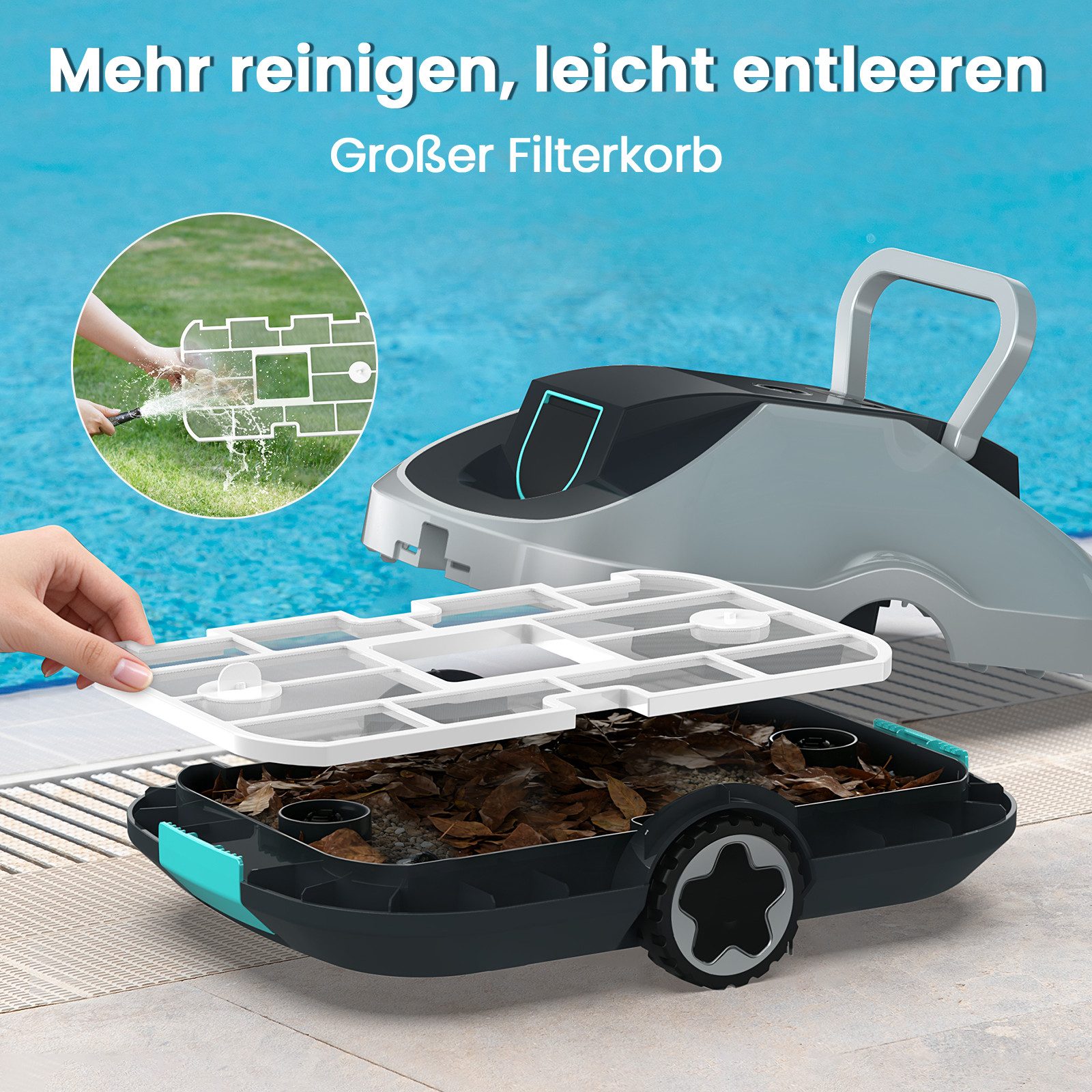 INSE Poolroboter C1/2 Akku kabelloser Pool-Saugroboter 200Min Laufzeit Orange/Grün, (Packung), Intelligente Navigation Selbsteinparkfunktion kompakt & tragbar – Bild 5 von 5