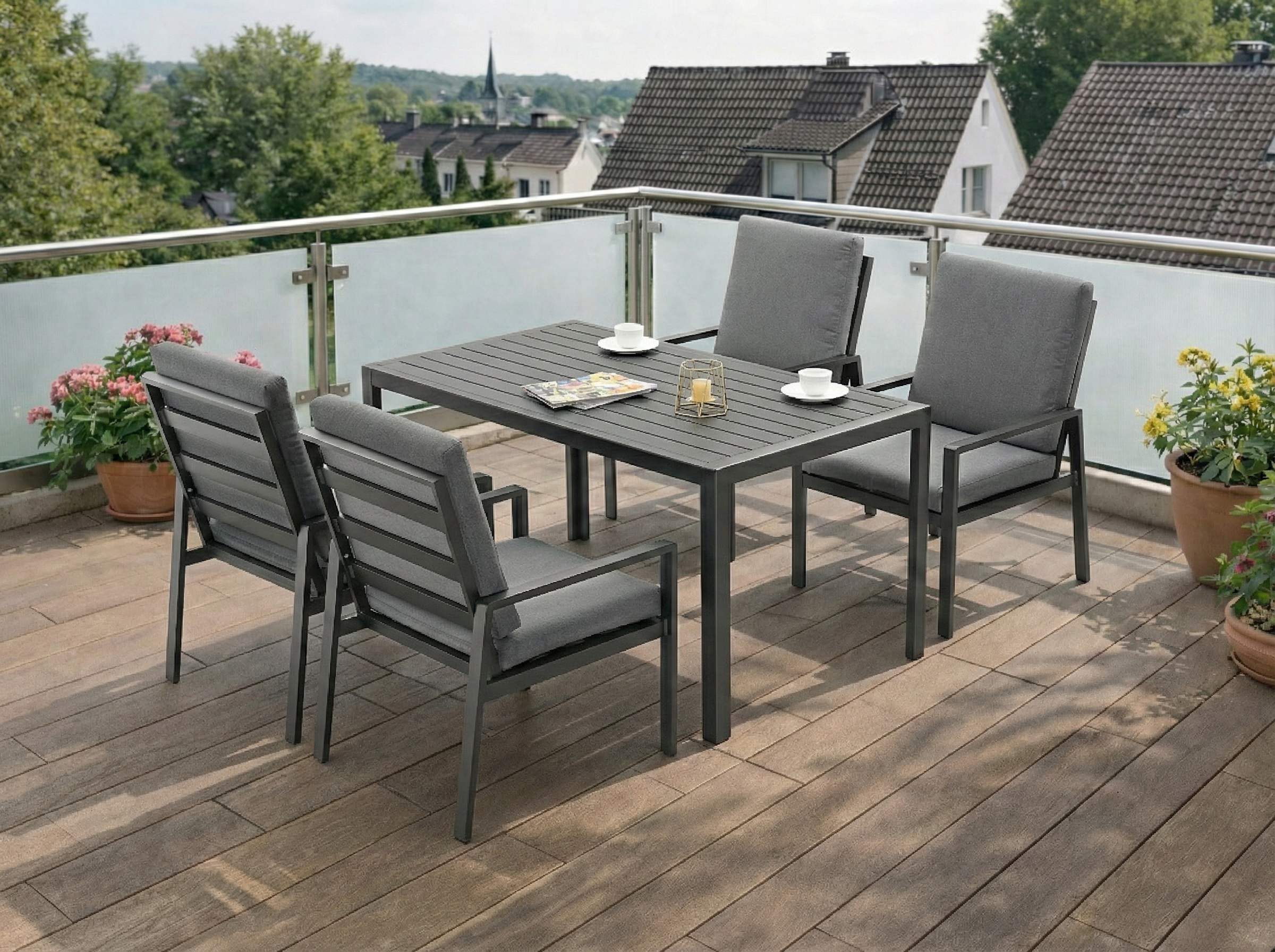 MeXo Gartenlounge-Set Gartenmöbel Set aus Aluminium mit Esstisch, (wetterfest, hoher Sitzkomfort, 5-tlg., bis 140 kg belastbar), mit pflegeleichte Polywood-Tisc – Bild 4 von 5