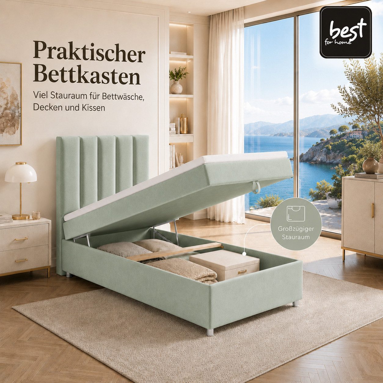 Best for Home Boxspringbett Trinity K10 SINGLE mit Bettkasten & Bonellfederkern, Komfort Topper H3 (Einzelbett, Polsterbett gepolstertes Kopfteil, Jugendbett, Kinderbett versch. Größen, 1-St., 70x200 80x200 90x200 100x200 cm), Stauraum unter dem Bett; Ergonomischer Schlafkomfort; Massivholzrahmen