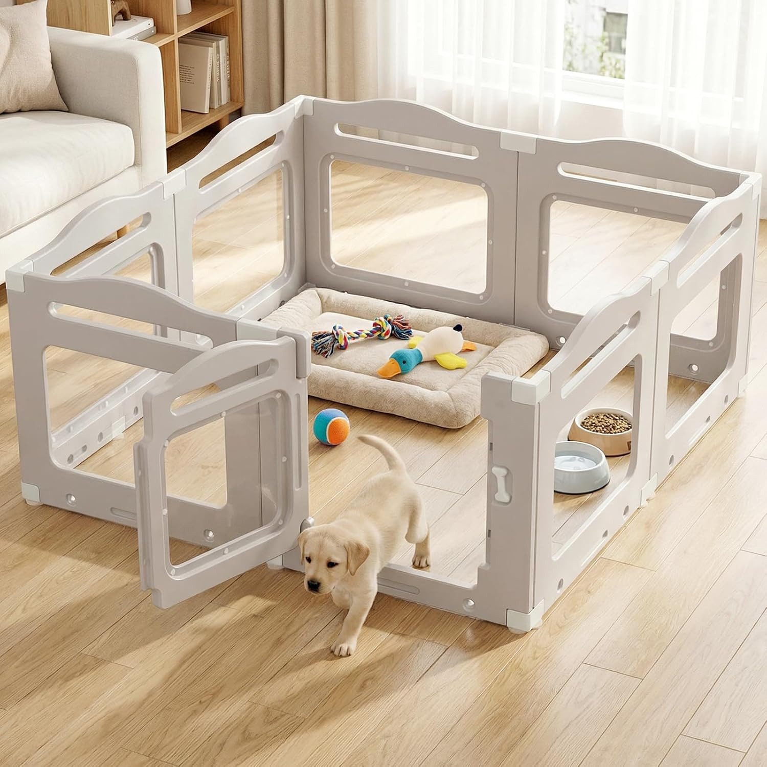 TLGREEN Freigehege 8-teilig Acryl Welpenlaufstall 129×129×60cm, HDPE Welpenauslauf mit Tür, Indoor Hundezaun für kleine Hunde & Katzen