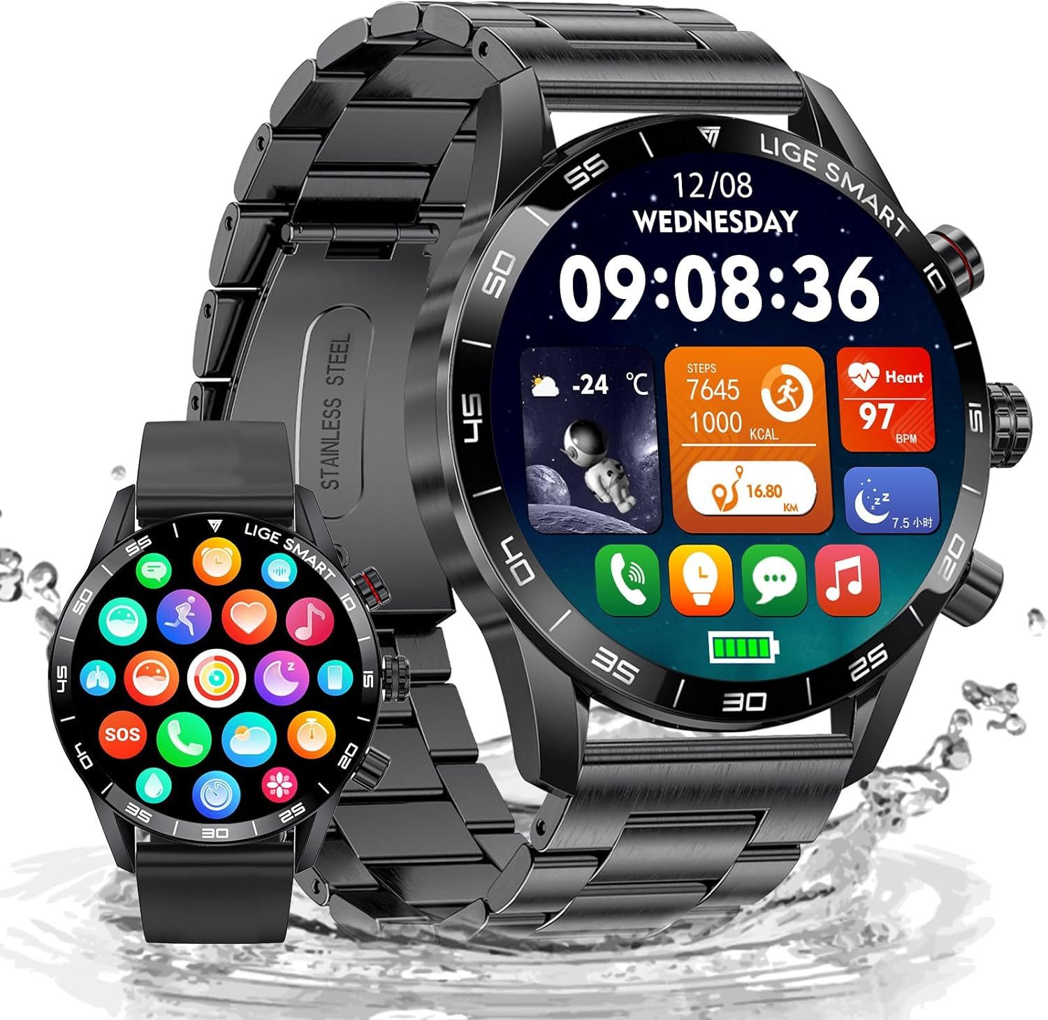 FoxBox Fur Herren mit Telefonfunktion 110+ Sportmodi, 200+ Zifferblätter Smartwatch (1.43 Zoll, Android / iOS), mit Schlafmonitor, 24/7 Herzfrequenz/SpO2 IP68 Wasserdicht