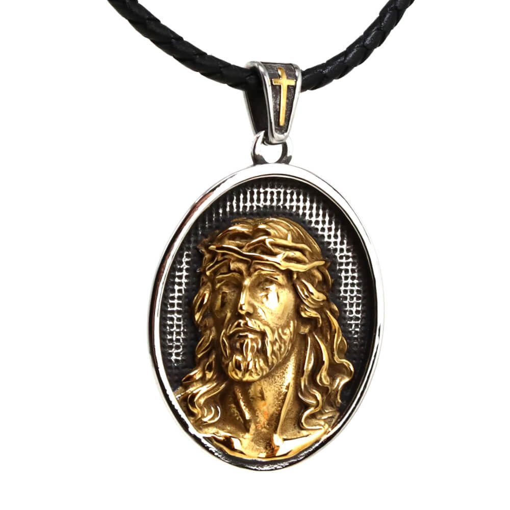 DALMARO Kette mit Anhänger Lederkette Edelstahlkette 316L GOLDEN JESUS, Herren Halskette Biker / Wikinger Kette - Schmuckbox