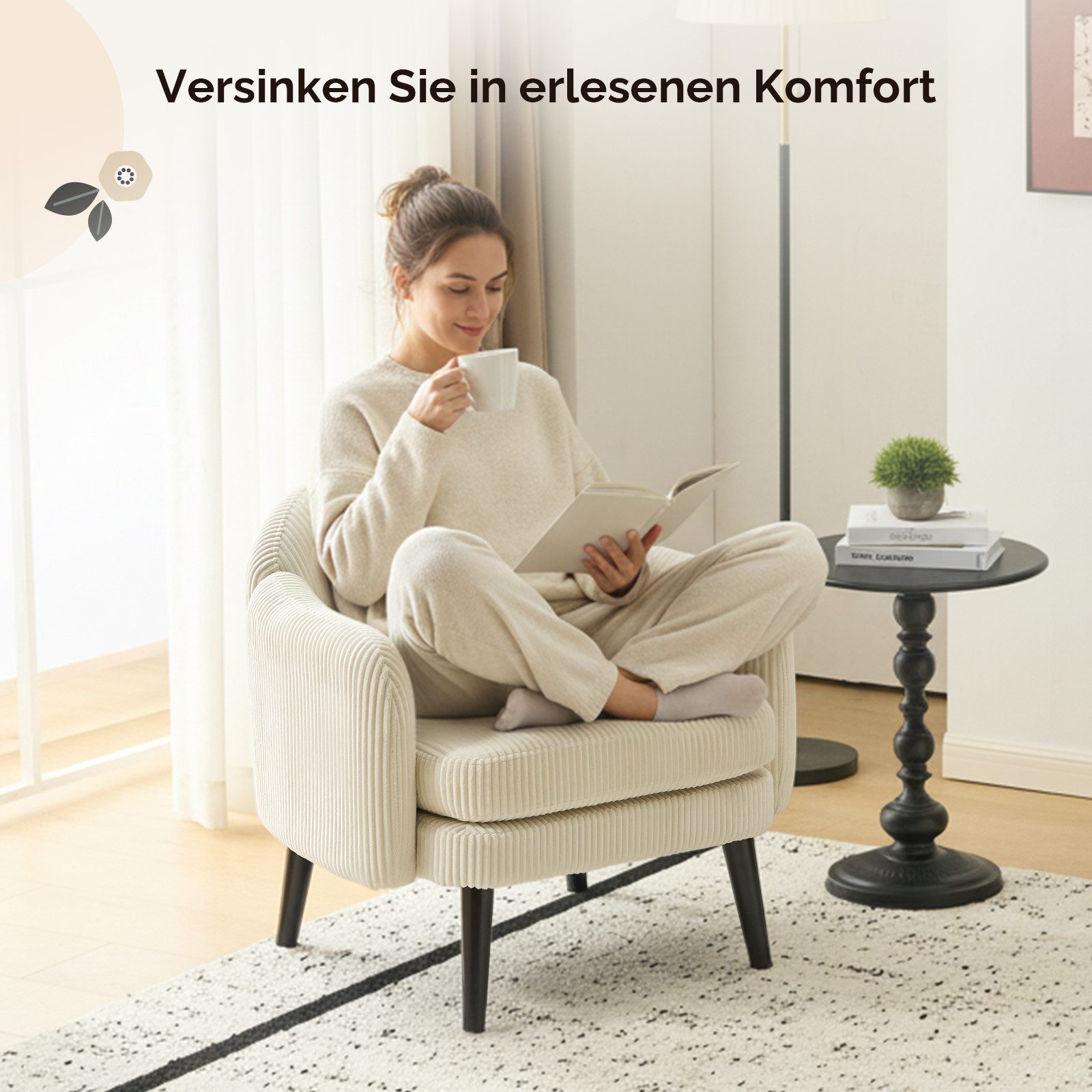 VINGLI Ohrensessel Cocktailsessel aus Cord, Moderner Loungesessel für Wohnzimmer, Holzbeine, Abnehmbares Sitzkissen & Armlehnen – Bild 5 von 5