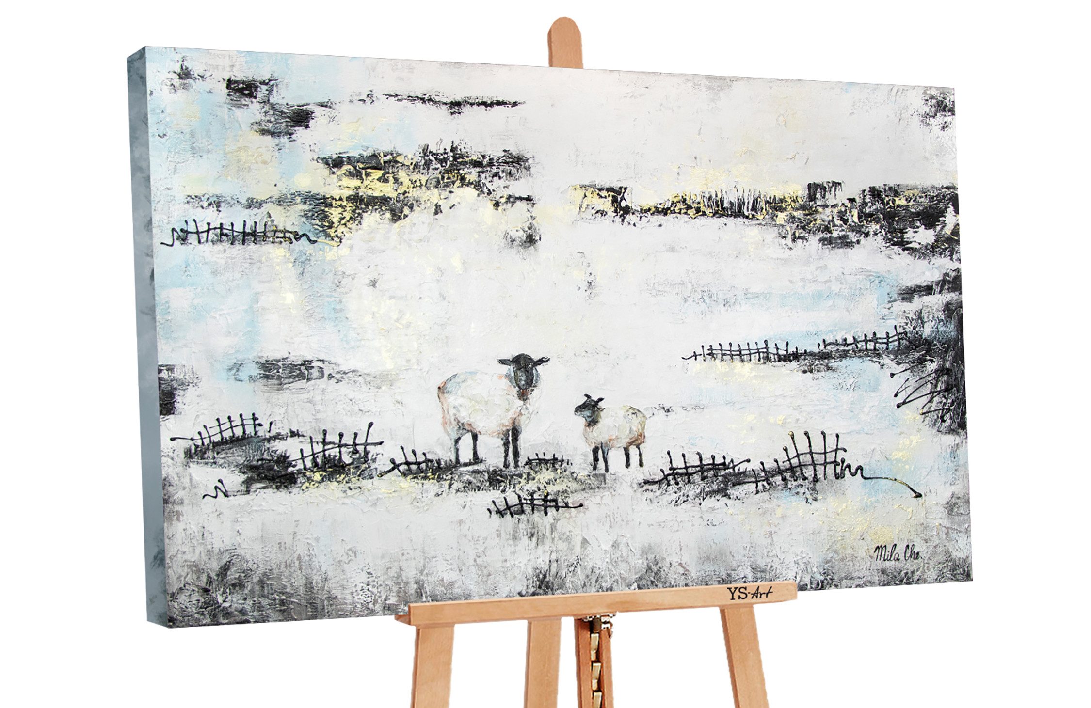 YS-Art Gemälde Herrlichkeit, Tiere, Schaf Leinwand Bild Handgemalt Tier im Dorf Zaun