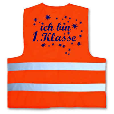 coole-fun-t-shirts Schulranzen Ich bin 1. Klasse ! Kinder Warnweste zur Einschulung Schulanfang ABC Schützen Gr. XS 120-140 cm oder S 152-160 cm Sicherheitsweste Neongelb und orange