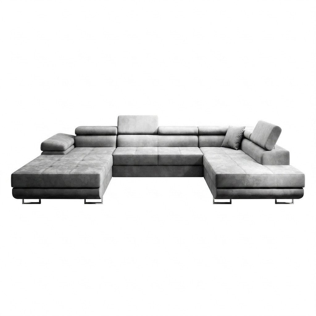 Muffo Ecksofa WILD U, Verstellbare Kopfstützen, elegante Metallbeine, 2 Bettzeugkasten, gelegentliche Schlaffunktion