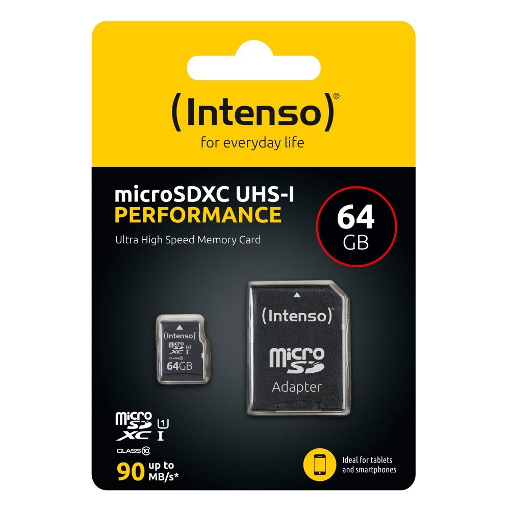 Intenso Micro SDXC Karte 64GB UHS-I Performance 90MB/s Class 10 Speicherkarte