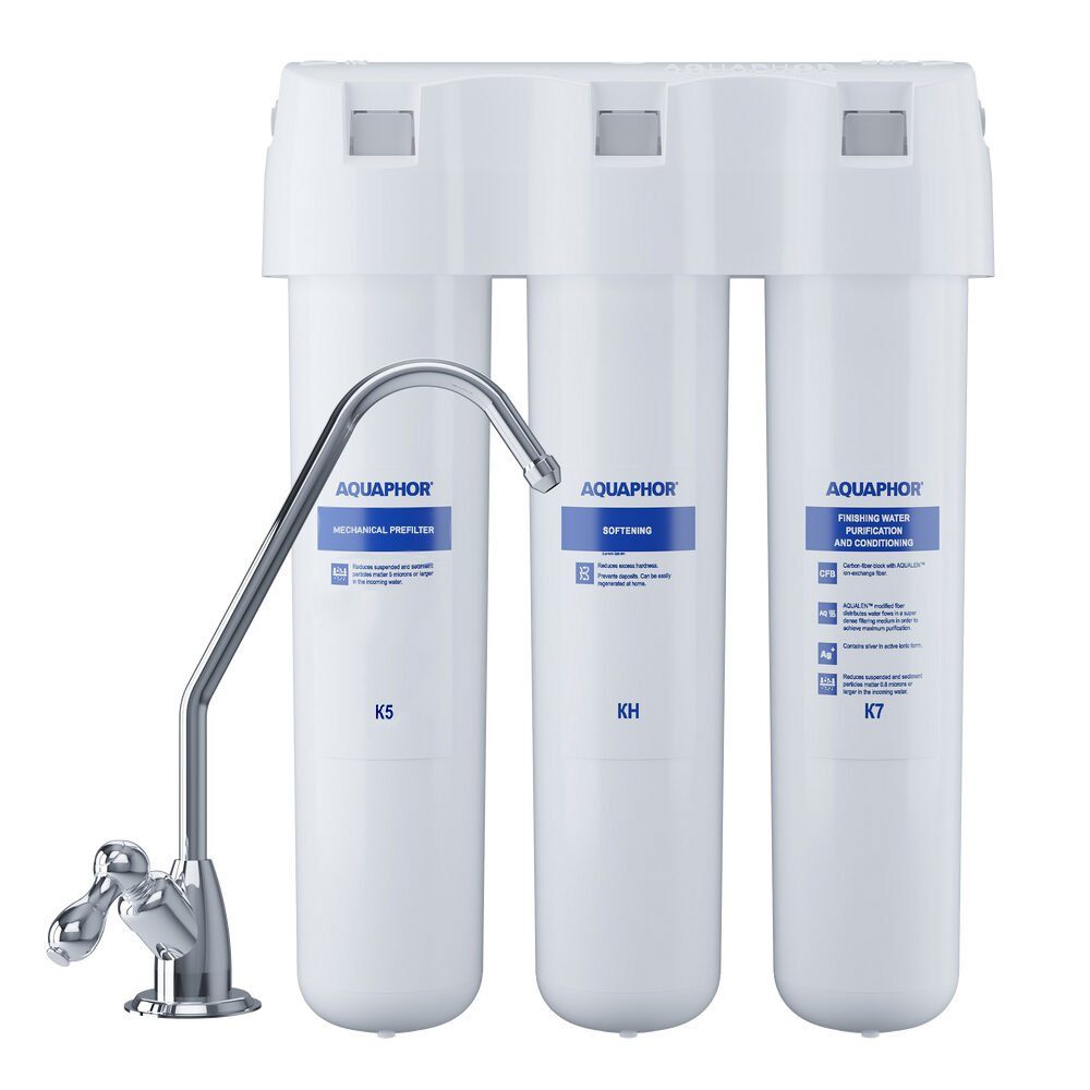 Aquintos Wasseraufbereitung Wasserfilter AQUAPHOR Crystal HA TRIO Trinkwasserfilter, Zubehör für Wasserenthärter mit Keimsperre, Mikrofiltration bis 0,8 Mikrometer