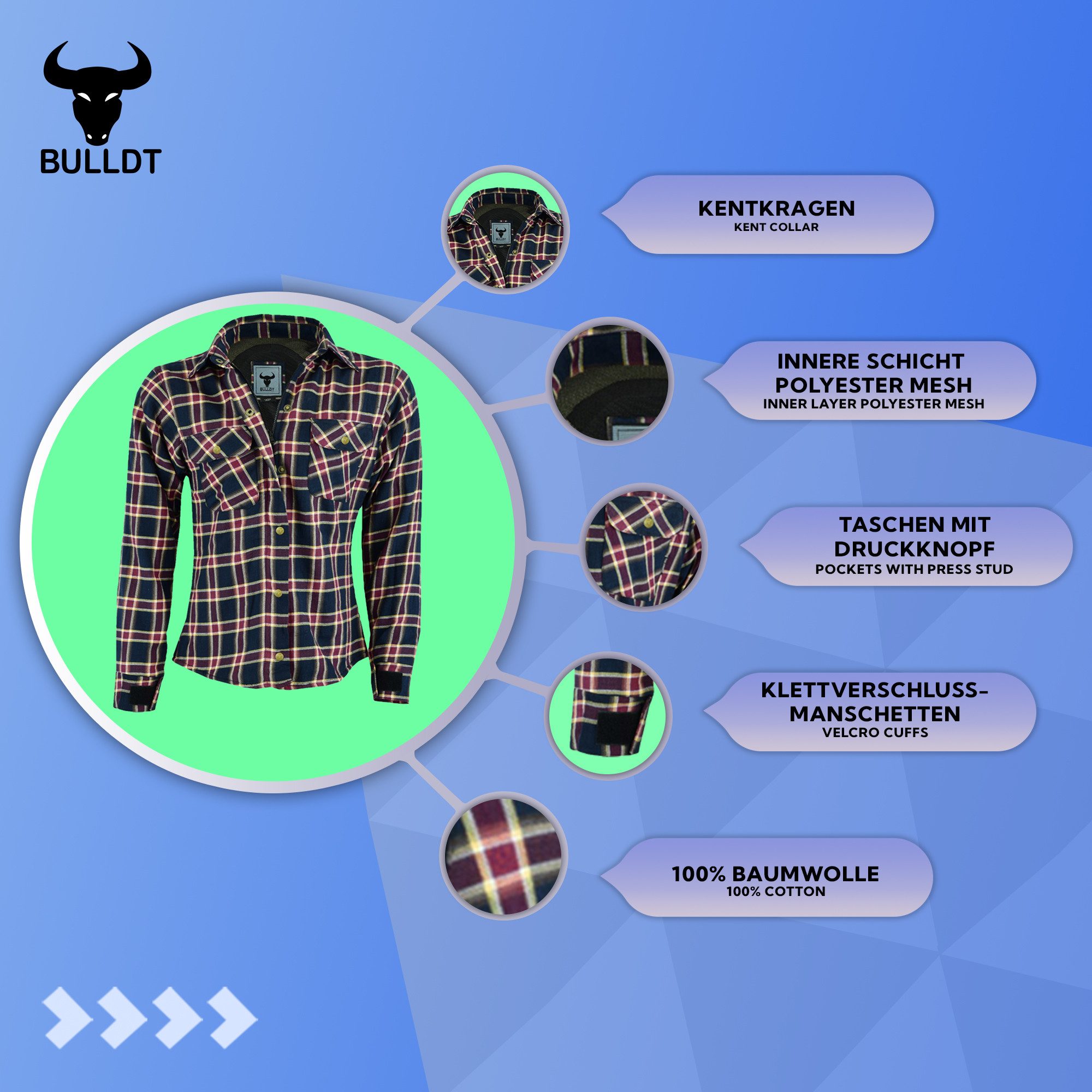 BULLDT Motorradjacke BLD1200 (mit 4 CE-Protektoren) Damen Motorradhemd Lumberjack Hemd Futter aus Aramid-Kevlar-Fasern – Bild 5 von 5