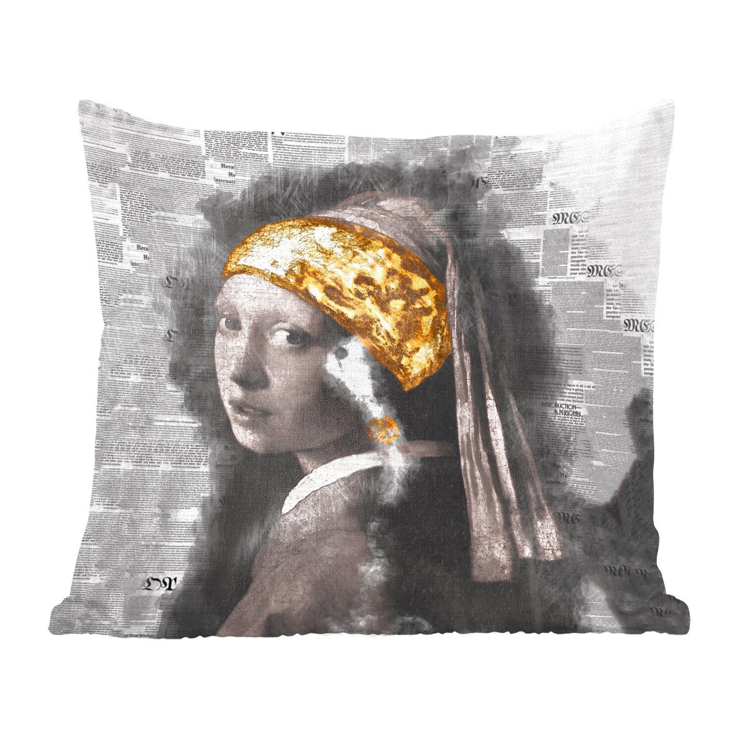MuchoWow Dekokissen Das Mädchen mit dem Perlenohrring - Vermeer - Gold, Zierkissen mit Füllung für Wohzimmer, Schlafzimmer, Deko, Sofakissen