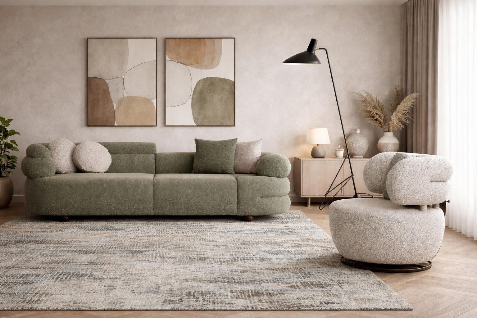 Xlmoebel Polstergarnitur Stilvolles grünes Sofa-Set mit 3-Sitzer und Textilsessel, (2-tlg), Made in Europa