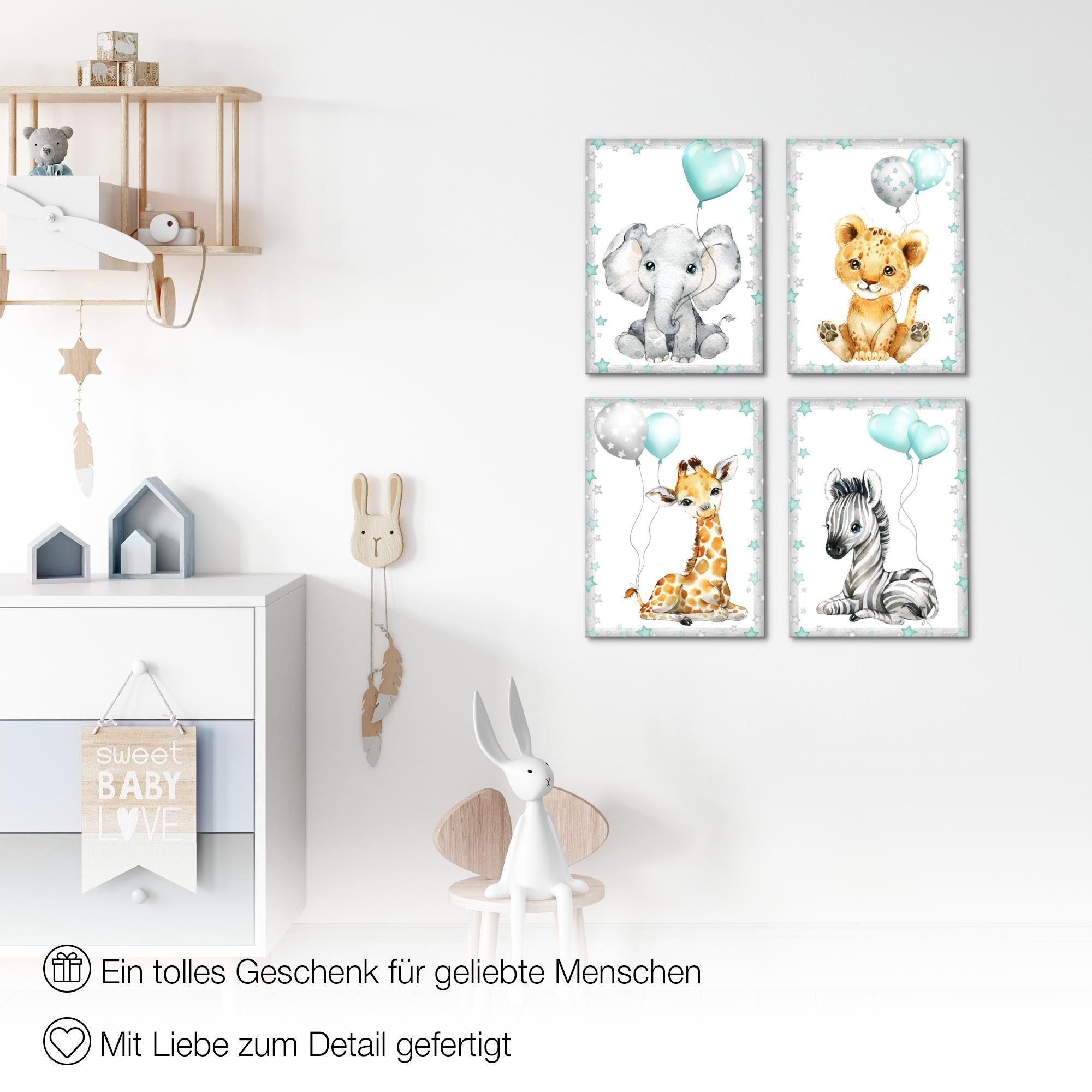 Novart Wandbild Kinderzimmer Wandbilder Set Tiere - 4 Bilder 30x40 cm Aufhängfertig