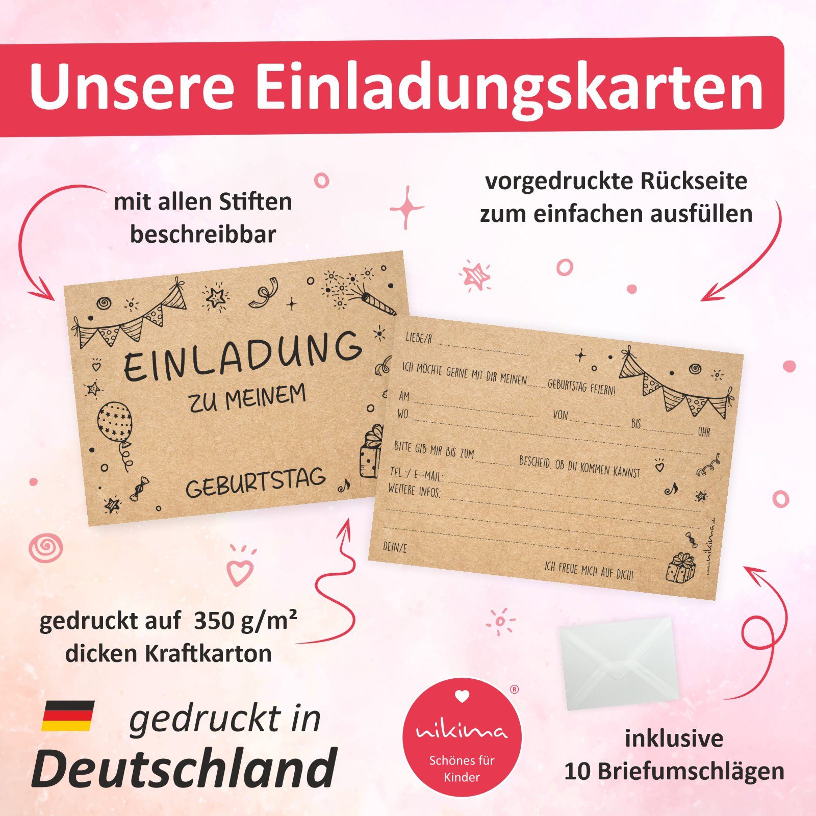 nikima Einladungskarten 10 Einladungskarten zum Kindergeburtstag Kraftpapier inkl. Umschlag