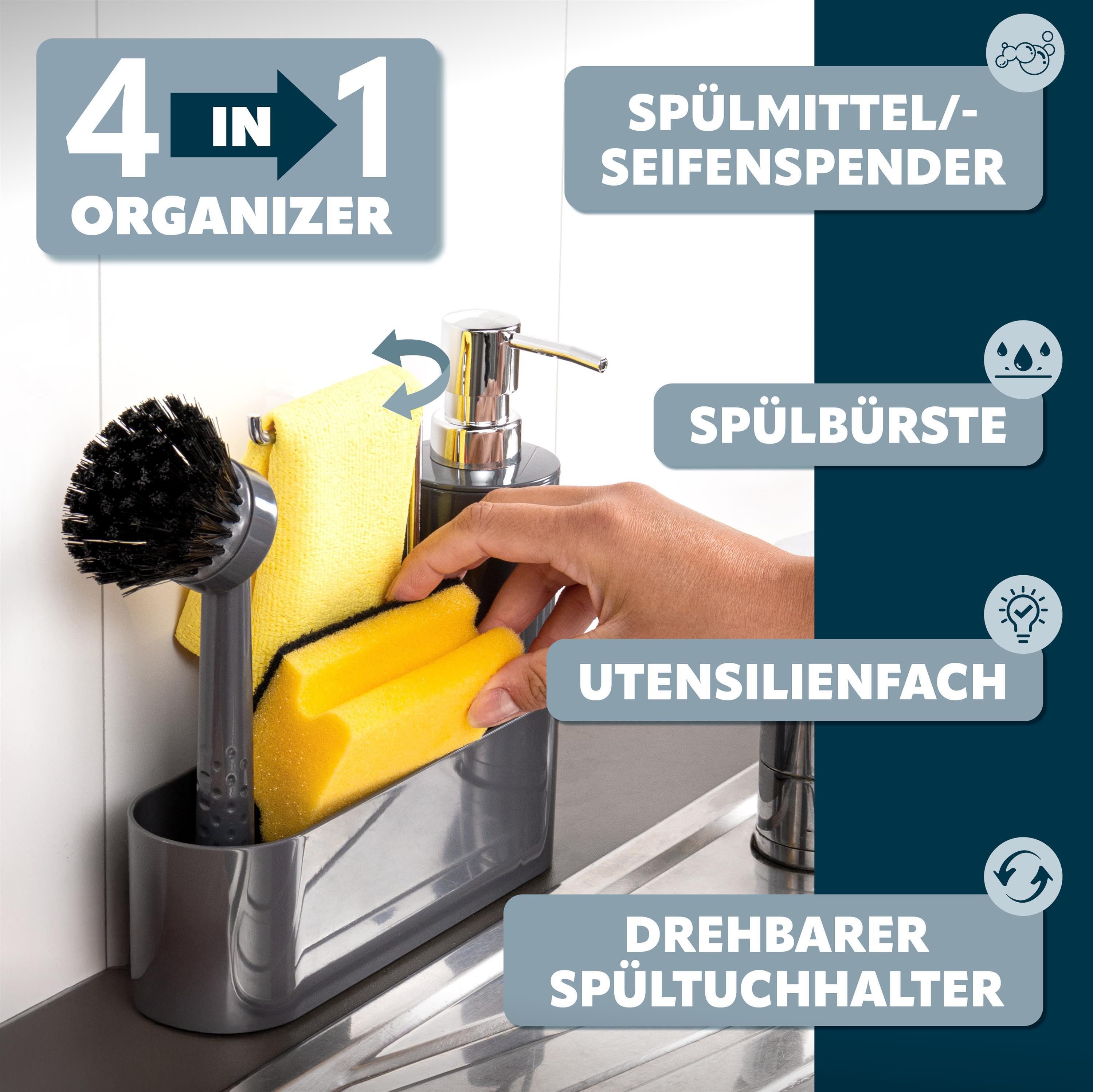 bremermann Seifenspender Spülbecken Organizer, Seifenspender, Spülbürste und Tuchhalter, grau