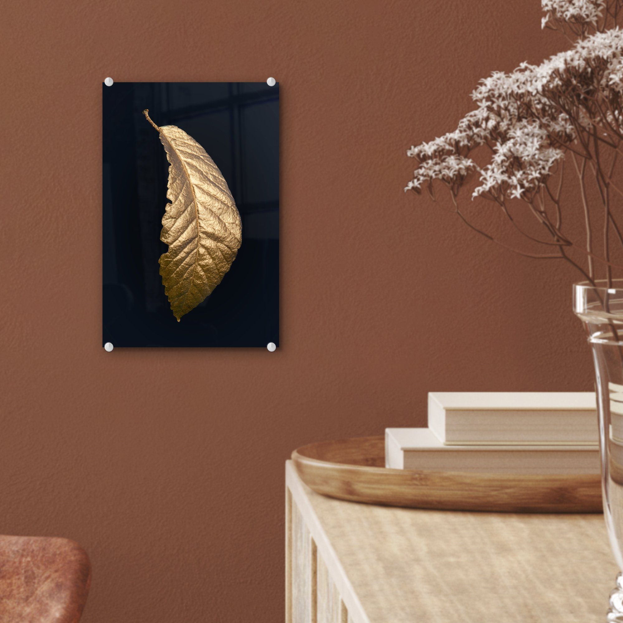 MuchoWow Acrylglasbild Baum - auf Glas - - Blatt St), Foto Gold, Wanddekoration Wandbild Glasbilder - bunt auf - (1 Glas Bilder